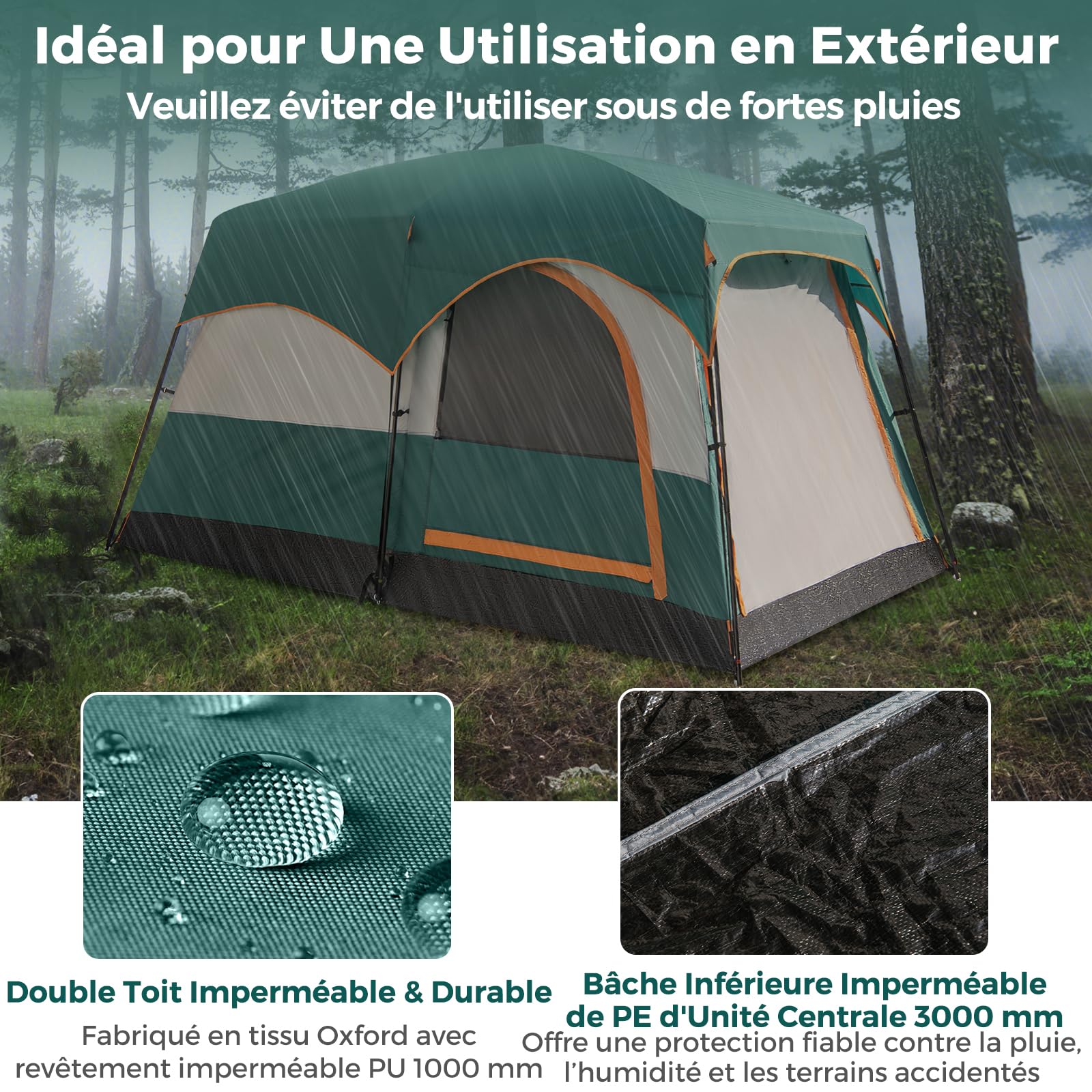 COSTWAY Tente de Camping avec 2 Pièces pour 4-6 Personnes, Tente Familiale Double Couchage Double Toit Imperméable Fenêtres en Maille Coupe-Vent Sac de Transport, pour Fête Randonnée
