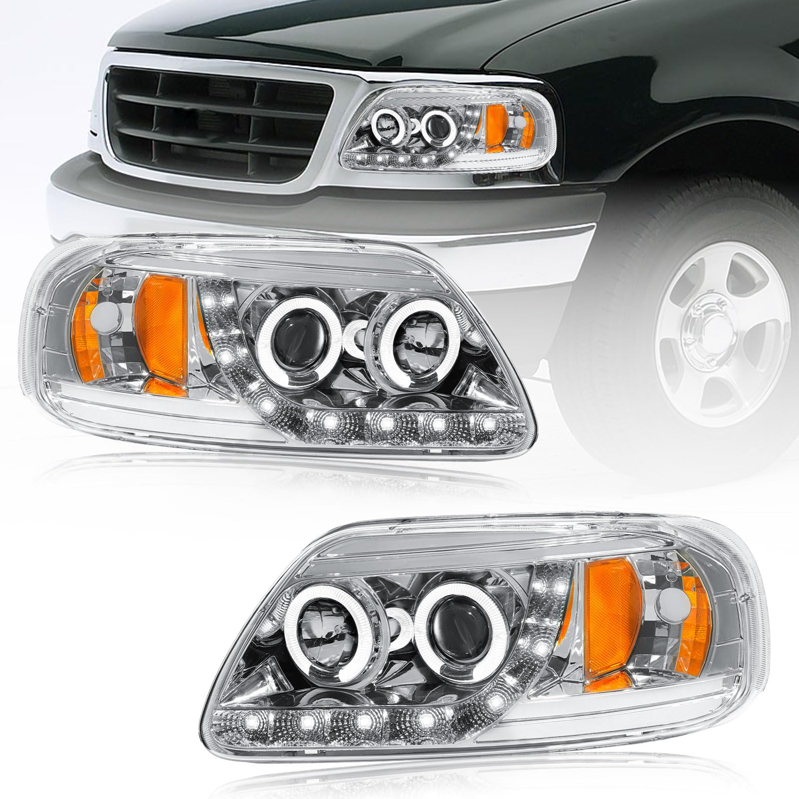 LED Headlights Compatible with 1997-2004 Ford F150 / 1997-1999 F250 / 1997-2002 Expedition Replacements Headlamp Amber Reflector Chrome Housing