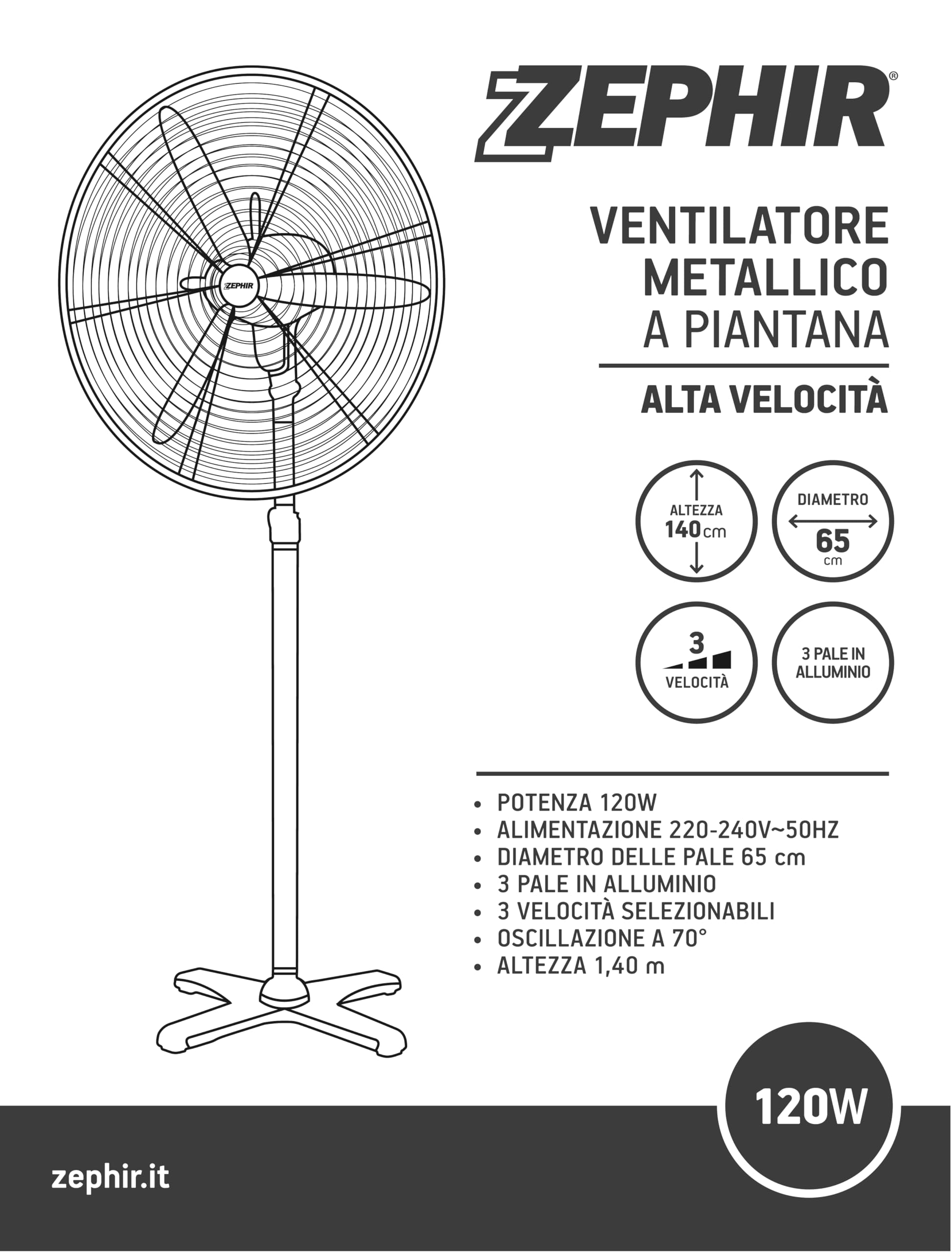 Zephir, Ventilatore Industriale a piantana, Diametro 65cm, 3 velocità, 3 Pale in Alluminio, Oscillazione a 70°, Dispositivo antisurriscaldamento, Altezza max.150cm, Potenza 120W