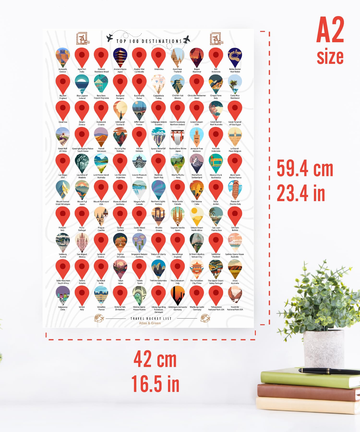 Atlas & Green Top 100 destinations Scratch Off Poster, Top 100 Scratch Off travel destination Poster, Up to Date with 2025 Hotspots, Gift Tube with Stickers - Image 2