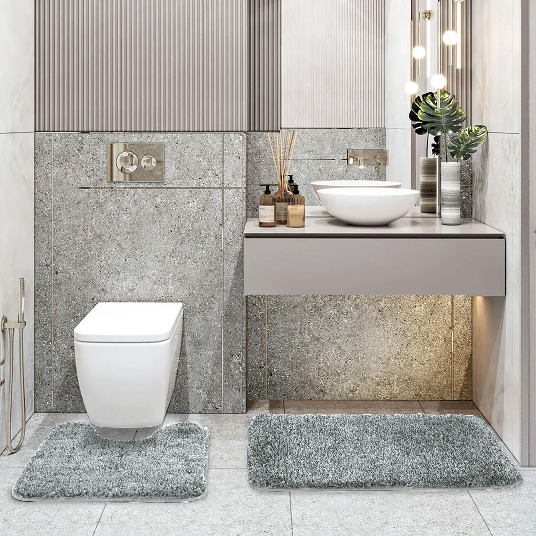 LUXE HOME INTERNATIONAL Polyester Contour Bath Mat – Washable, Anti Skid, Water Absorbent Contour Mats for Bathroom, Toilet, Wash Basin & Bathroom Contour Mat Set (Silver, 45x 75 cm & 40x45)