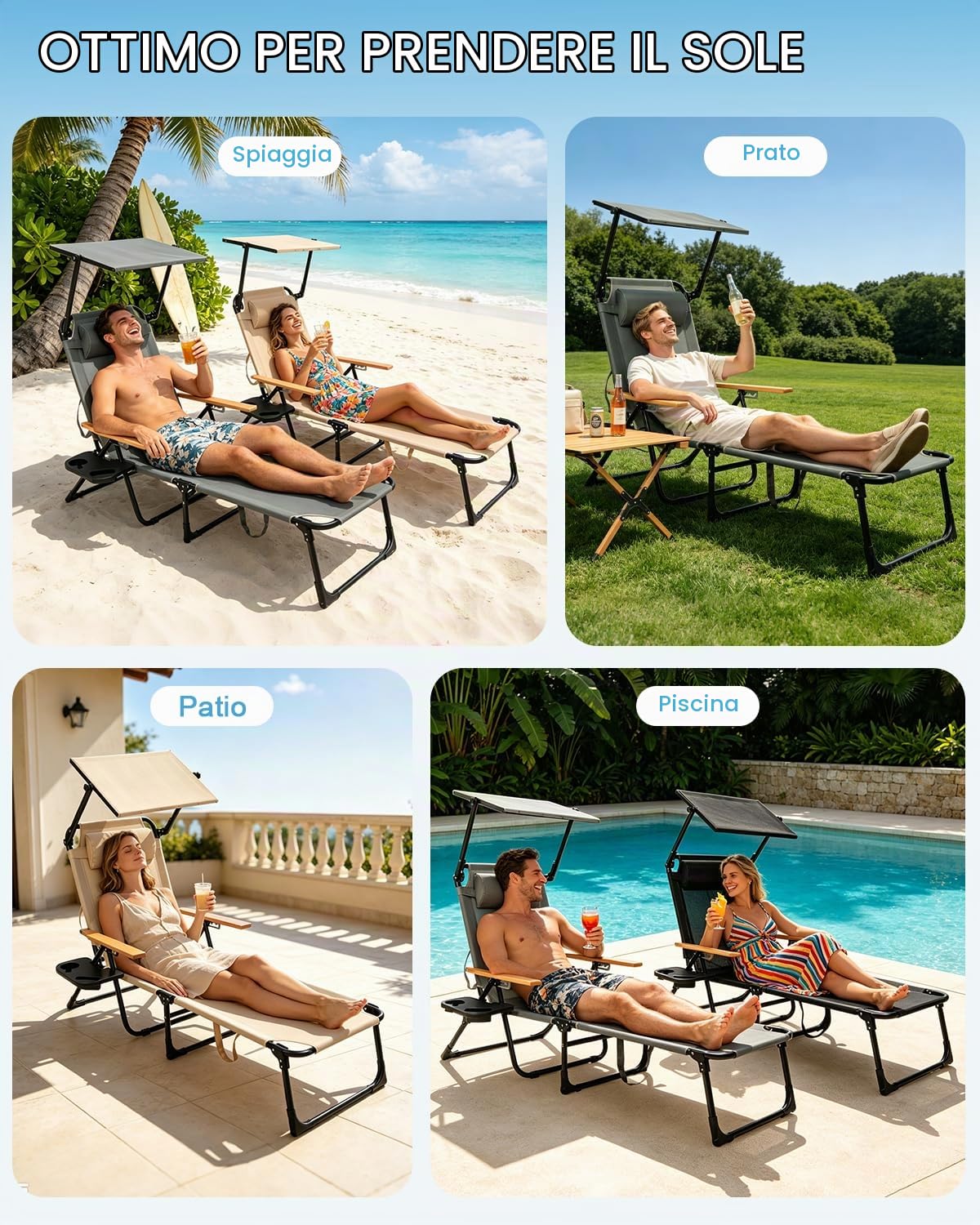 Lettino Prendisole Pieghevole, Sdraio da Spiaggia Portatile, Regolabile in 4 Posizioni, Sedia a Sdraio con Braccioli in Legno, per Balcone Giardino Piscina e Spiaggia (Grigio con Beige)