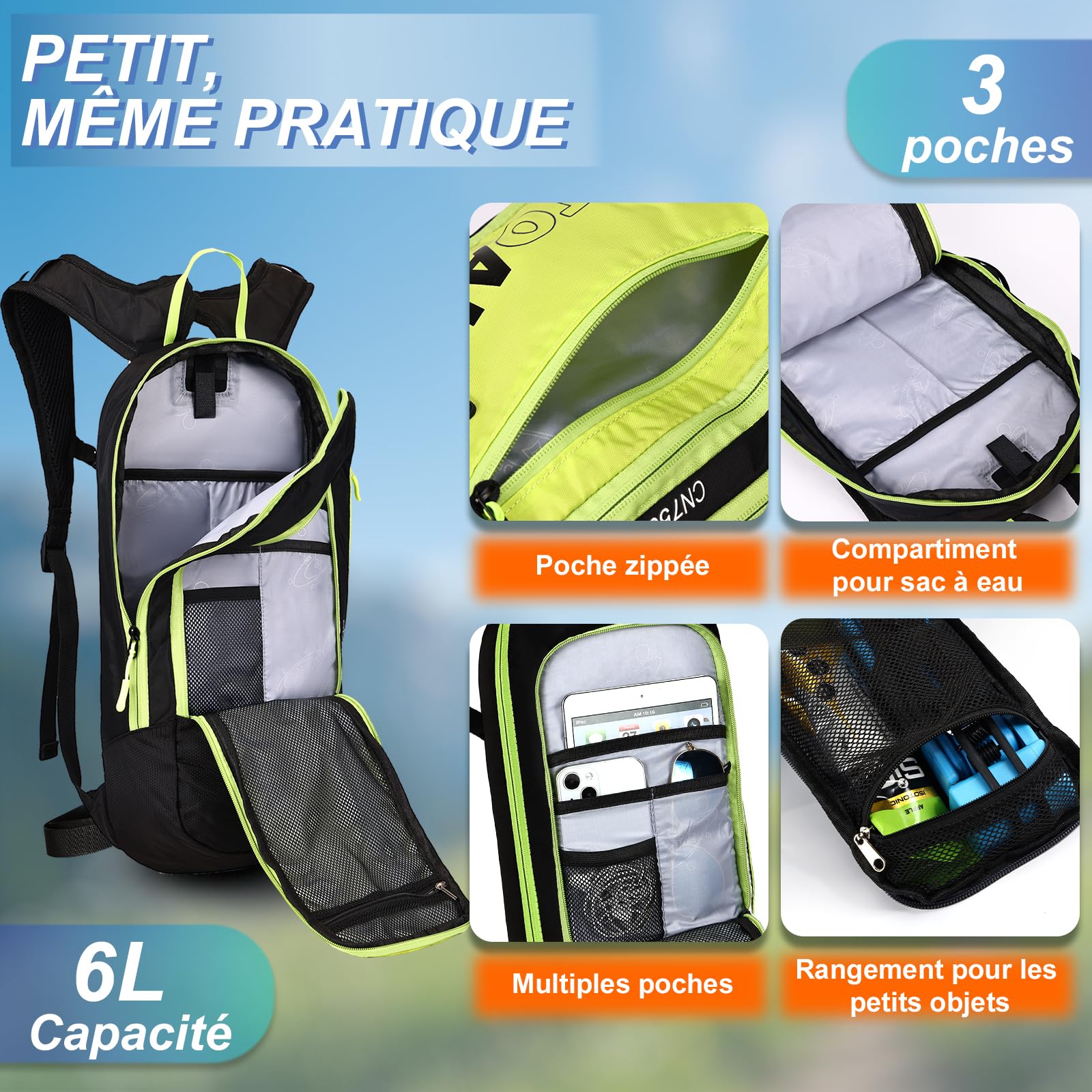 LOCAL LION Sac à Dos Vélo 6L, Petit Sac à Dos Ski Sac Vtt Homme Femme pour Randonnée Moto Cyclisme Sport Voyage Course Ultraléger Respirable
