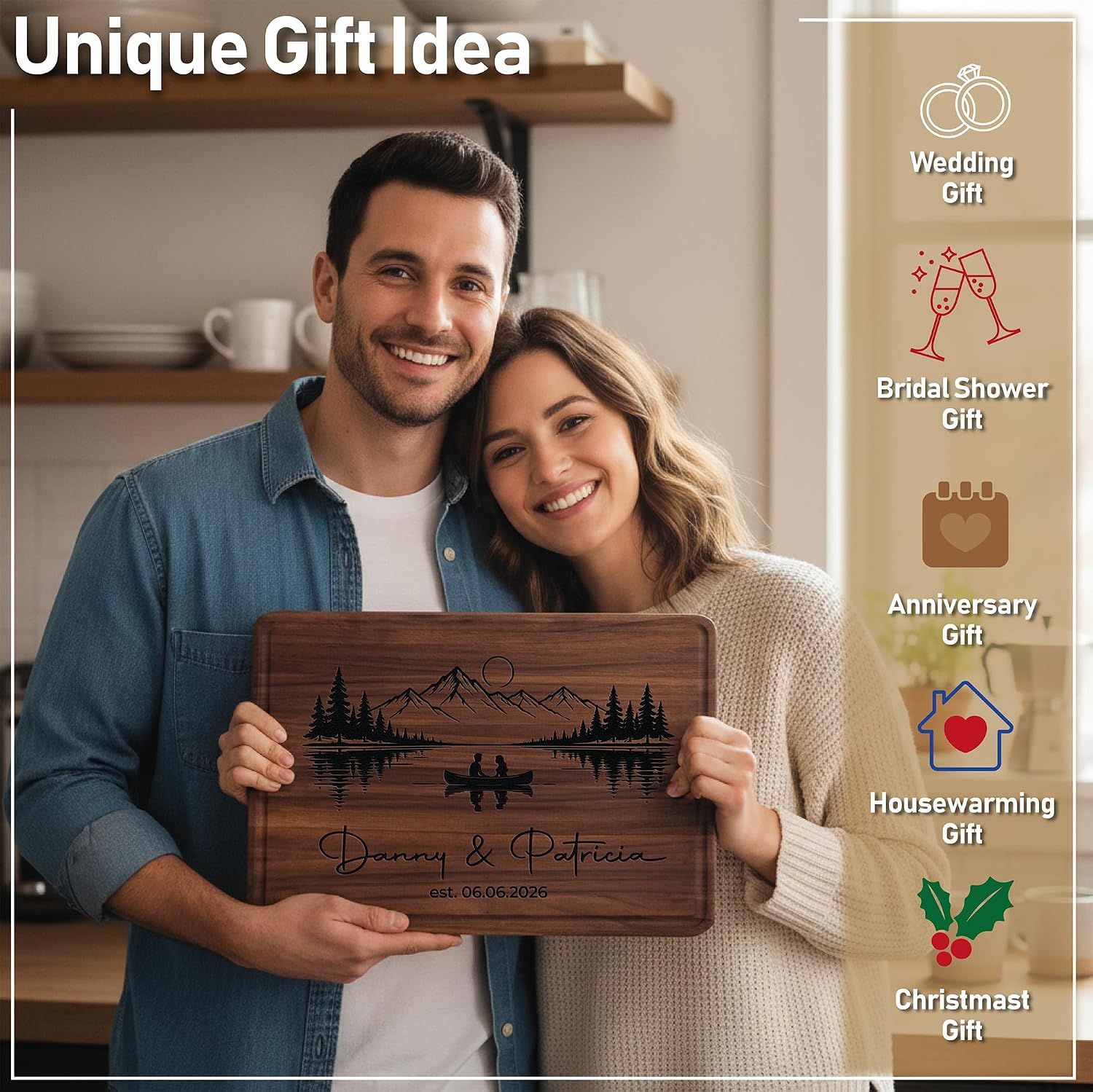 Personalized Cutting Board for Couples, Custom Engraved Wedding Gift 2026, Engagement, Newlywed, Rustic Mountain Lake Scene Design, Housewarming, Anniversary, Mr & Mrs Gift for Couples