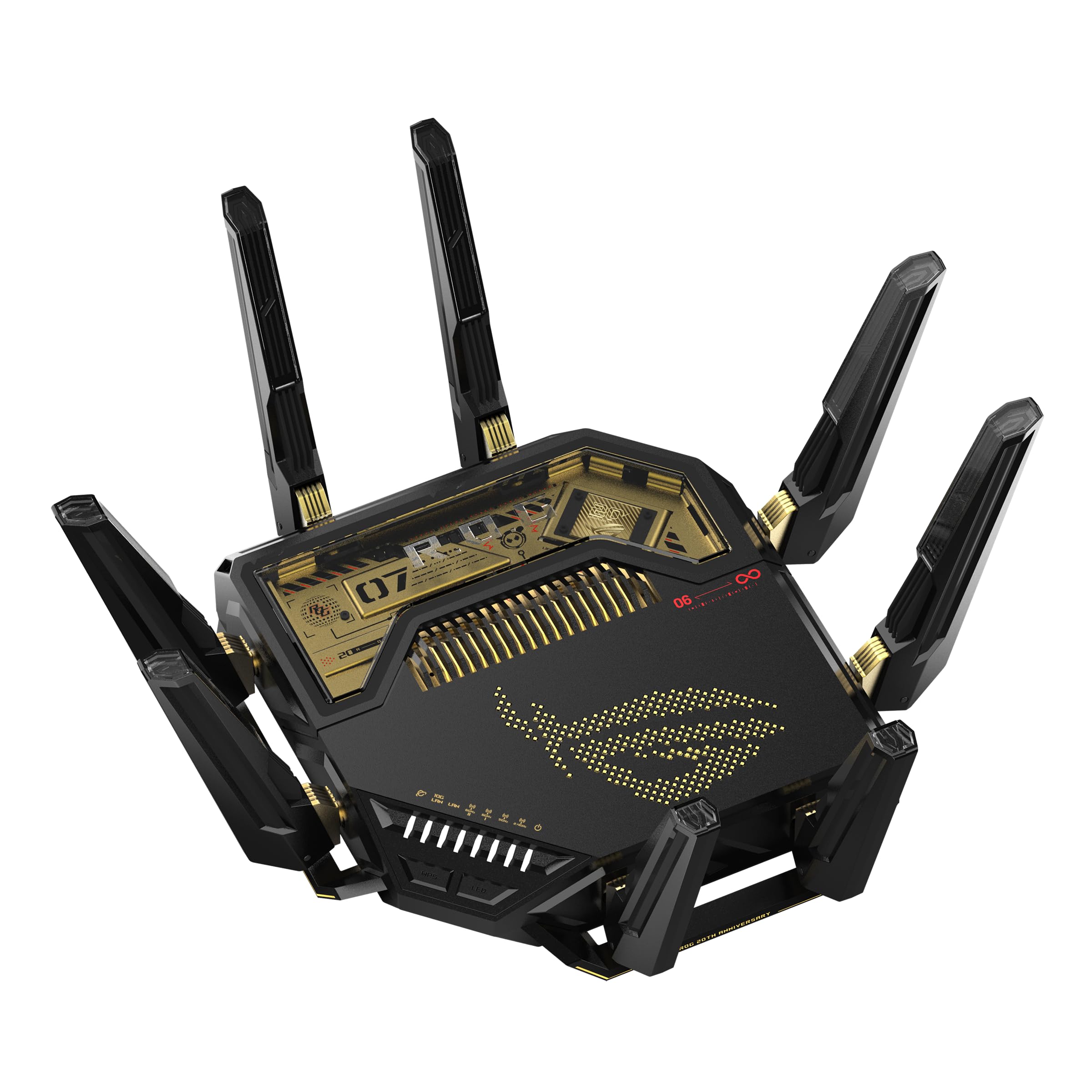 ASUS ROG Rapture GT-BE98 Edition 20 AiMesh WiFi 7-czteropasmowy router do gier, 25 Gb/s, 320 MHz, 4K QAM, porty 10G, cztery porty 2.5G, AiProtection, VPN i 4G LTE/5G Mobile Tethering