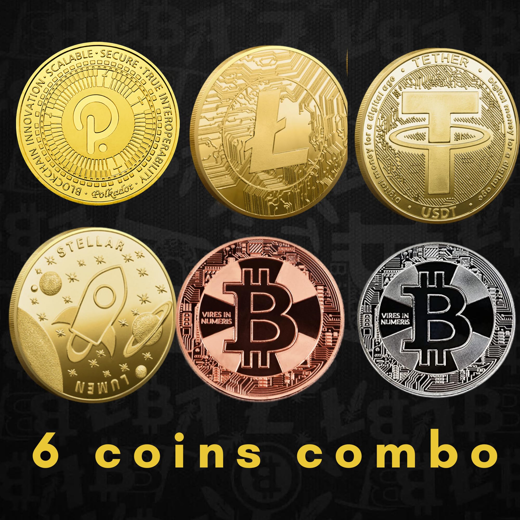 Adiman Cryptocoin Bitcoin Copper + Silver + Gold Plated Litecoin Tether  Stellar Polkadot Combo Coin Set 1 oz Weight (6 Coins) : Amazon.in: Toys &  Games