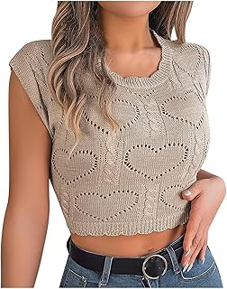Summer Tops for Women 2024 Crochet Heart Hollow Out Crewneck Sleeveless Cropped Blouse Casual Sexy Going Out TShirts