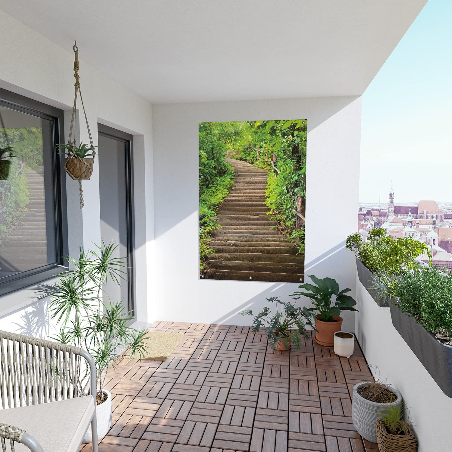 Wallario Outdoor-Poster für Garten oder Balkon Steintreppe im Wald, Motivbanner Größe: ca. 100 x 150 cm, Outdoor-Bild