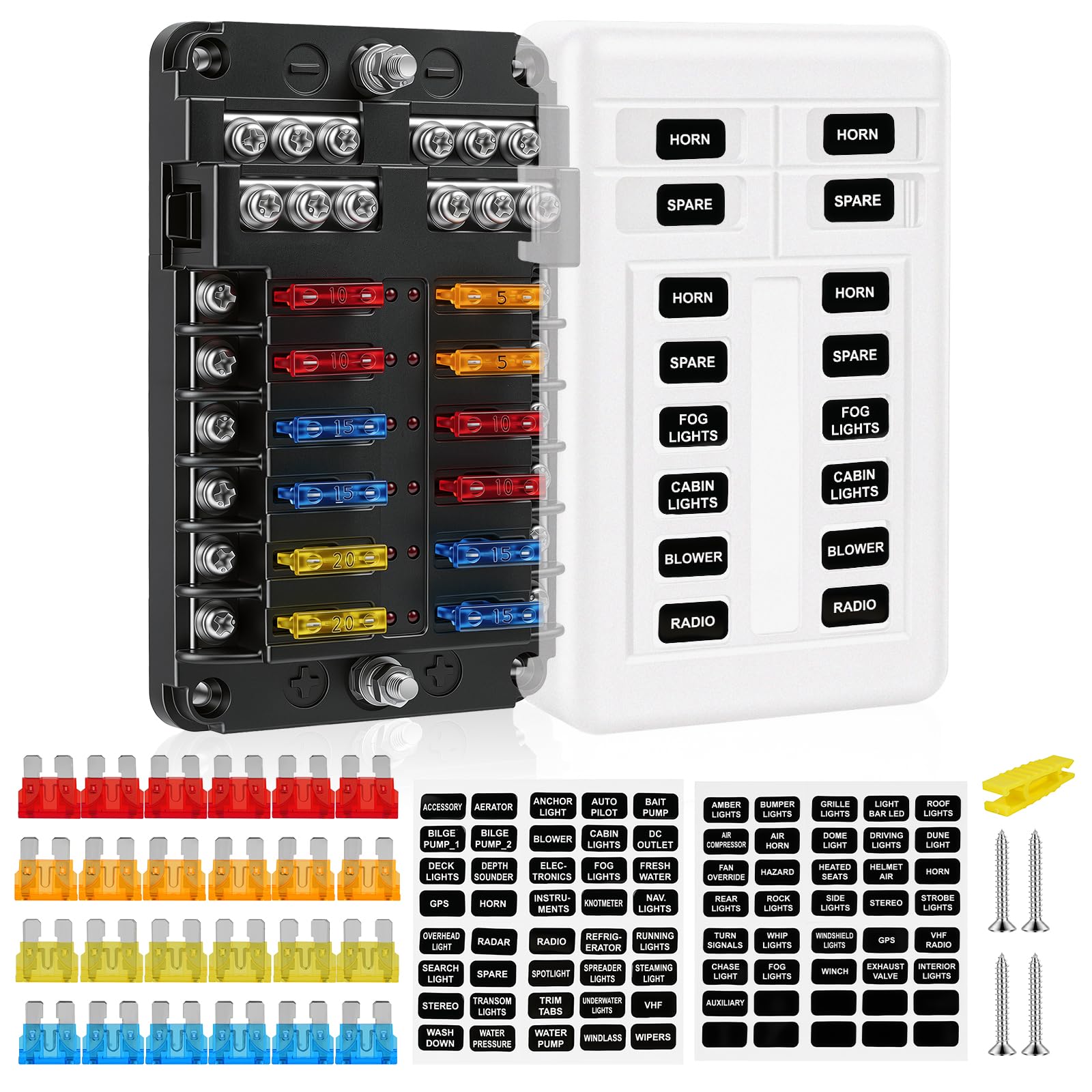 Flintronic 12 Way Fuse Box, 12V-24V Blade Fuse Block with Negative Bus