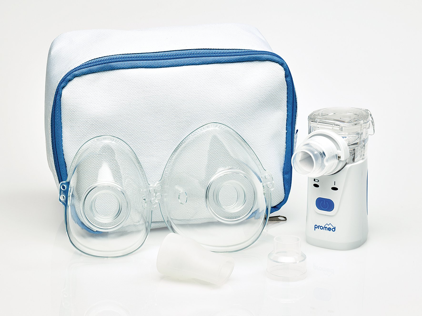 Promed Inalatore Ultrasonico INH-2.1 – Nebulizzatore Portatile con Tecnologia a Rete per Adulti e Bambini – Include: Pile, Borsa, Boccaglio, Maschere, Connettori, Coperchio, Contenitore Medicinale