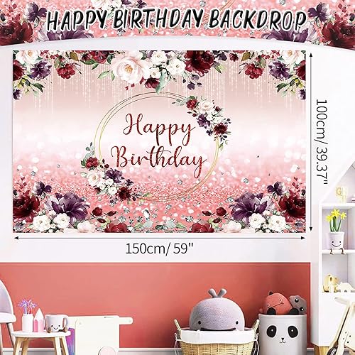 Miniatura 4 de Decoraciones florales de feliz cumpleaños para mujer, 142 piezas de suministros de fiesta de cumpleaños de flores burdeos, incluyendo telón de fondo