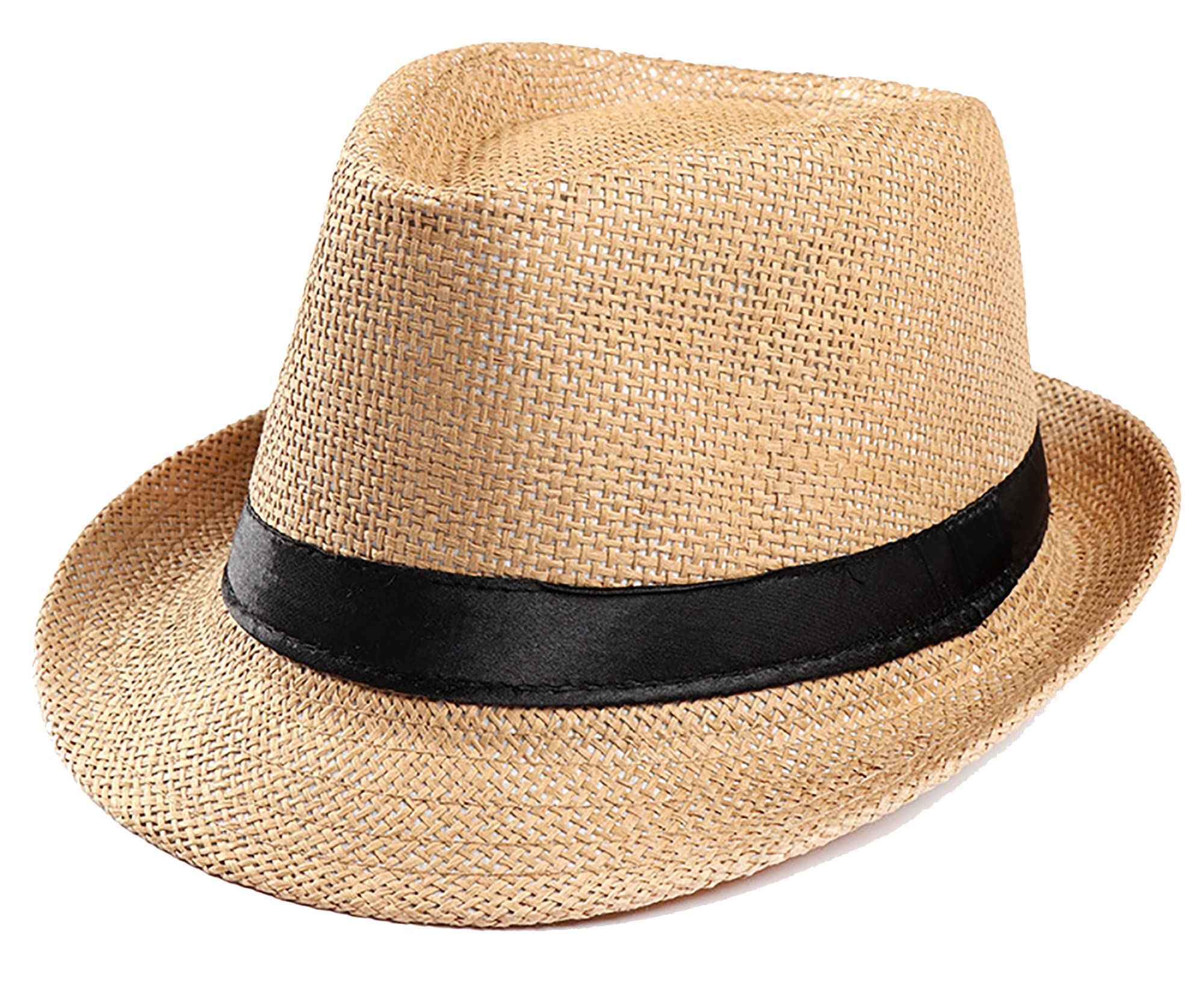 Womens-Sun-Hat Summer-Straw-Fedora Hat Foldable-Panama Beach-Sun Hat Short Brim Trilby-Hat - M-L Adjustable String Bulit-in
