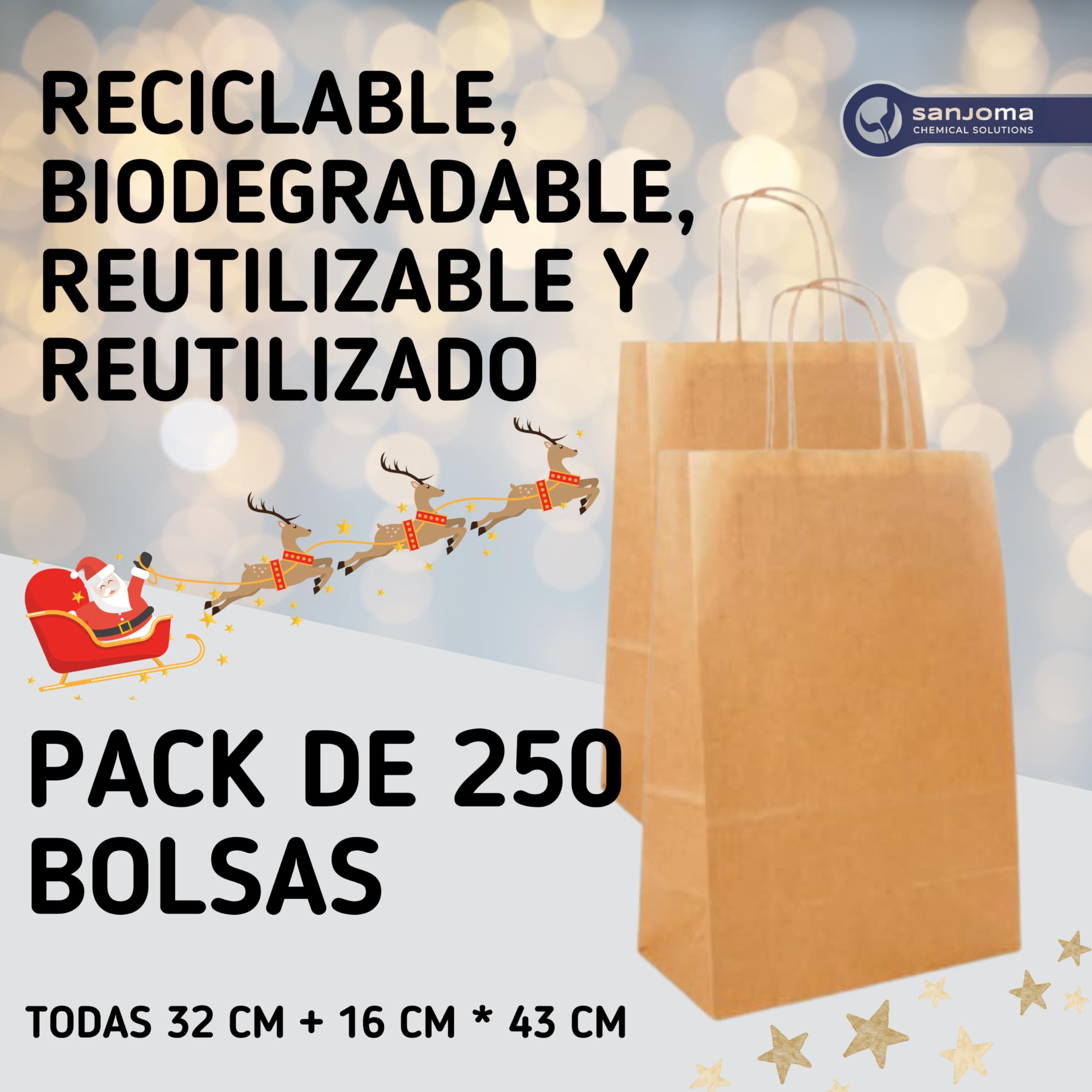 SANJOMA 250 Bolsas Sos Con Asas | Recicladas y Biodegradables | Bolsas De Papel Kraft Para Regalos, Color Natural | Saco Presente | Bolsas Kraft Ecológicas Y Reutilizables | Tamaño 32+16x43 Cm (250)