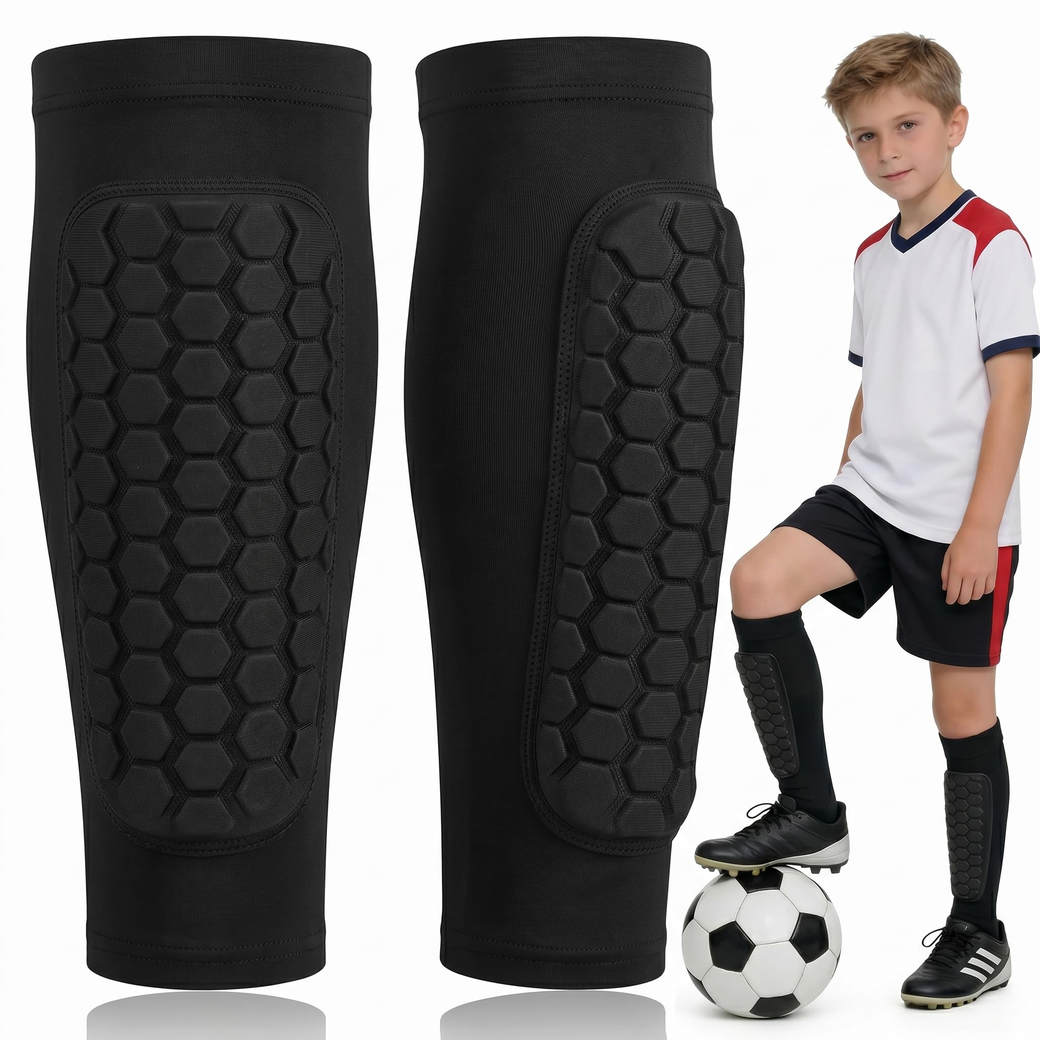 Espinilleras Fútbol para Niños y Jóvenes con Calcetines de Sujeción, Protección de Tibia con Acolchado EVA, Espinilleras Transpirables y Antideslizantes, Regalos Futboleros (Talla MS, 1 Par)