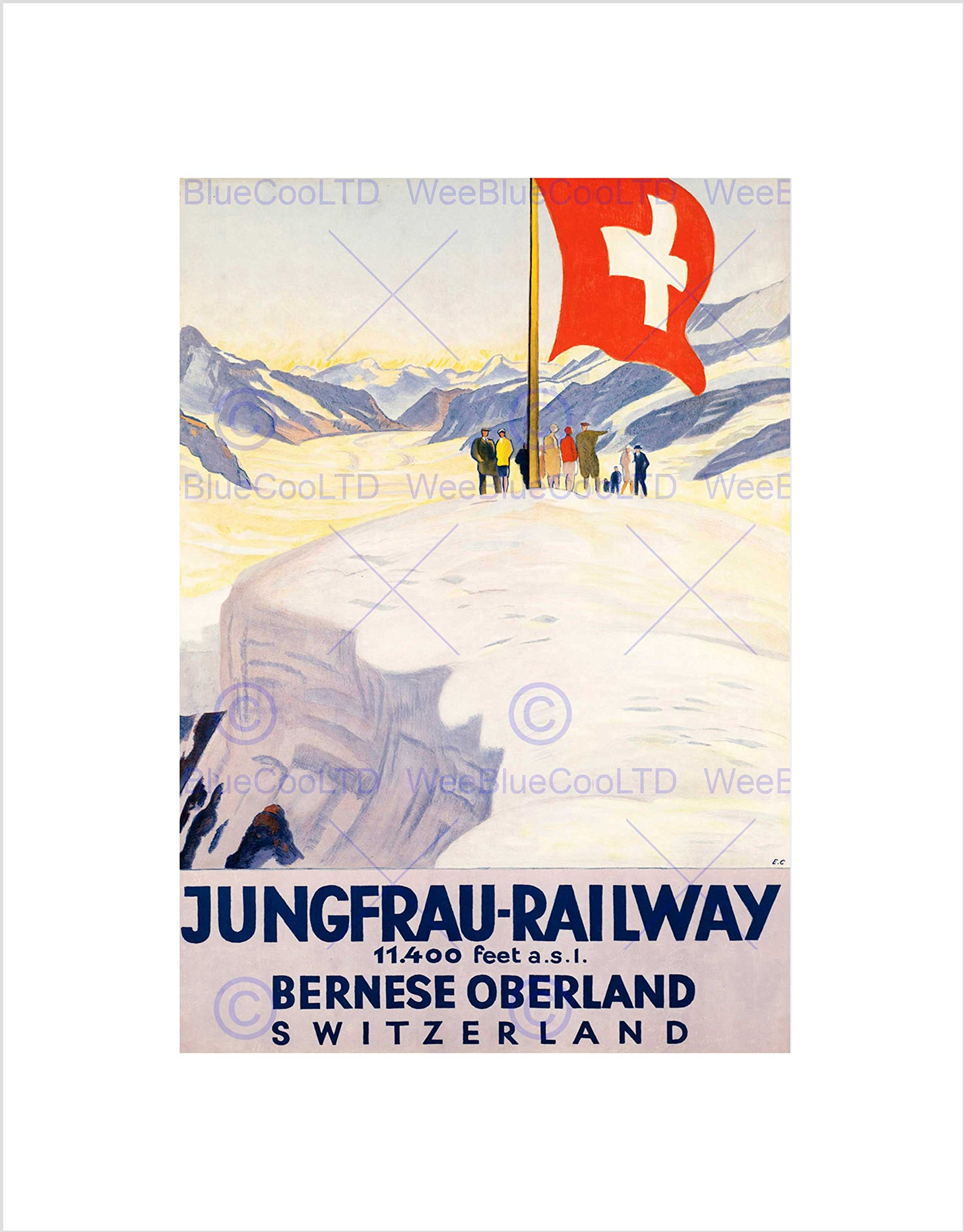 Wee Blue Coo TRAVEL JUNGFRAU RAILWAY SWISS FLAG SWITZERLAND ALP FRAMED ART PRINT B12X10240