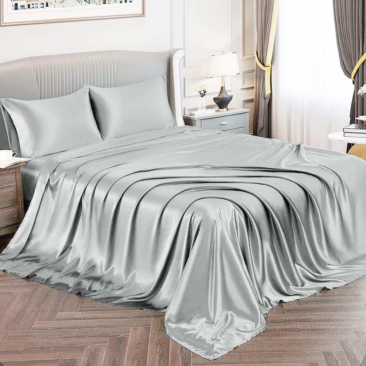 ROOYE Satin Sheet Set Full Size,Extra Deep Pocket Full Sheet Set