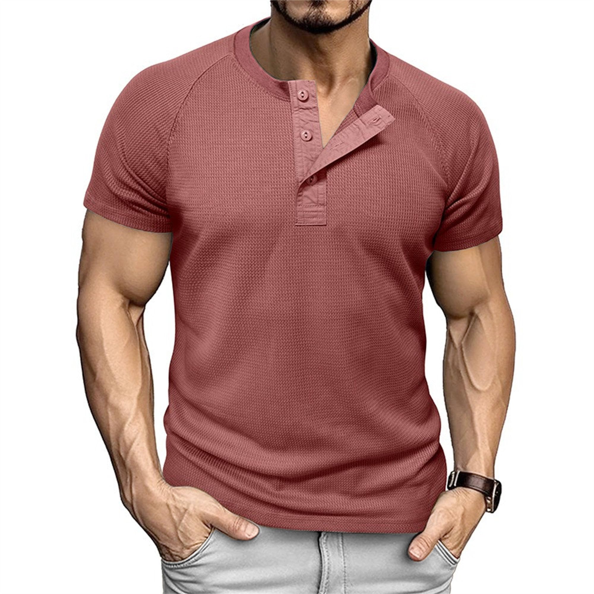 Men Quarter Button Waffle Henry Shirts Round Collar T Shirt for Business Work Summer Loose Trendy Pullover Tops (Wine Red,Small)