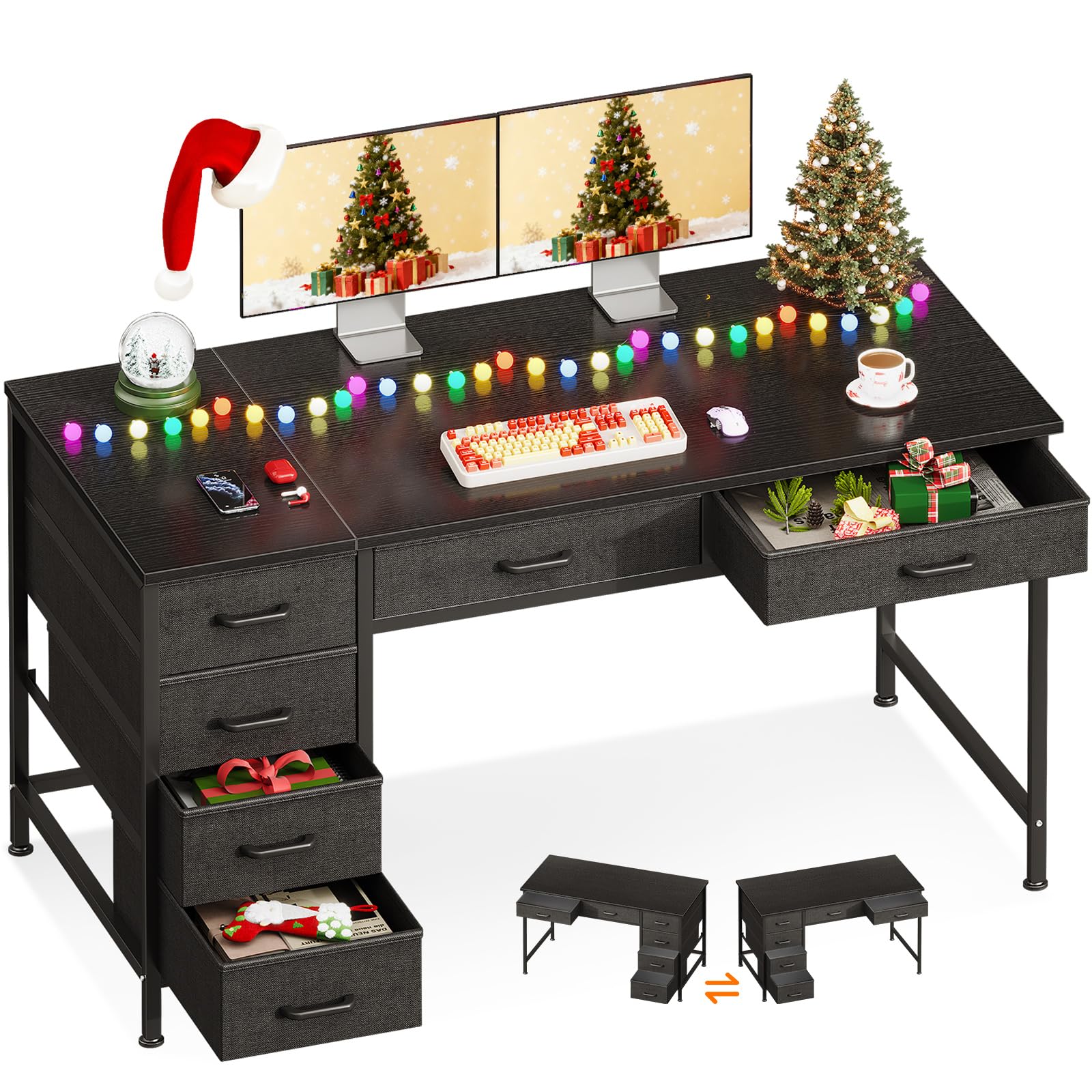 Samlet set view of the ODK Computer Desk in a home office setting, showcasing its black finish, six drawers, and sturdy metal frame.