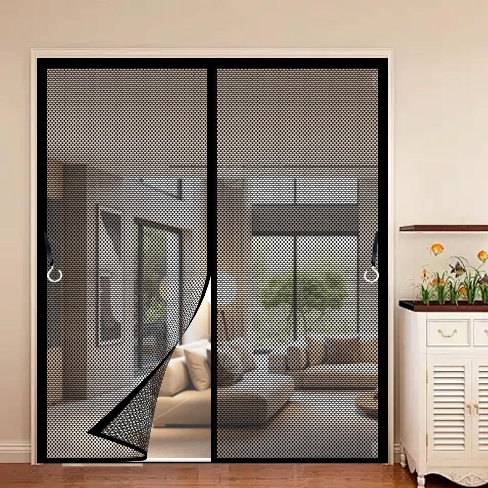 Magnetic Fly Screen Door 169 x 178 cm Frame Hook & Loop, Powerful Magnets Door Screen, Nets Patio Curtain Without Drilling, Heavy Duty for Patio Doors Bedroom, Black
