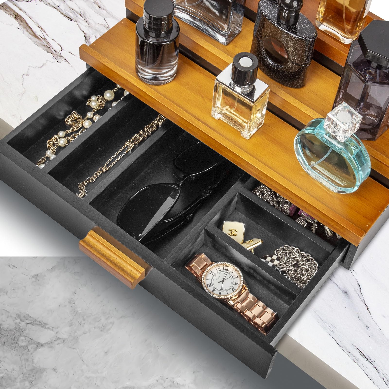 Köln Organizer 3-Ebenen für Display mit Schublade | Köln Ständer mit Aufbewahrung Deko, Displayständer für Kosmetik und Accessoires,Schmuckaufbewahrung Badezimmer Schlafzimmer