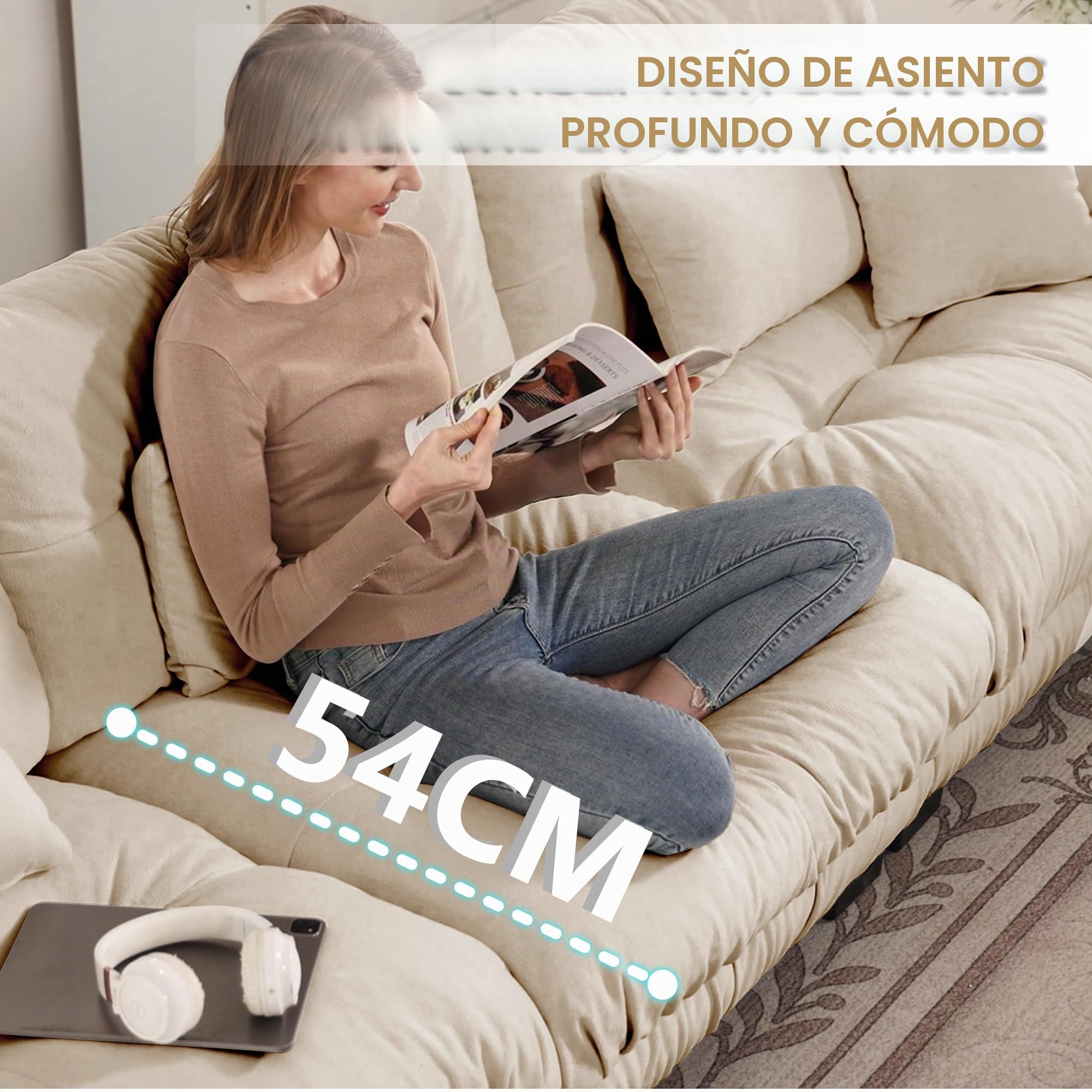 Sofá esquinero convertible moderno de 313 cm, sofá grande convertible de 3 plazas con puf para salón, sofá modular profundo con estructura de madera maciza y revestimiento de chenilla, café claro