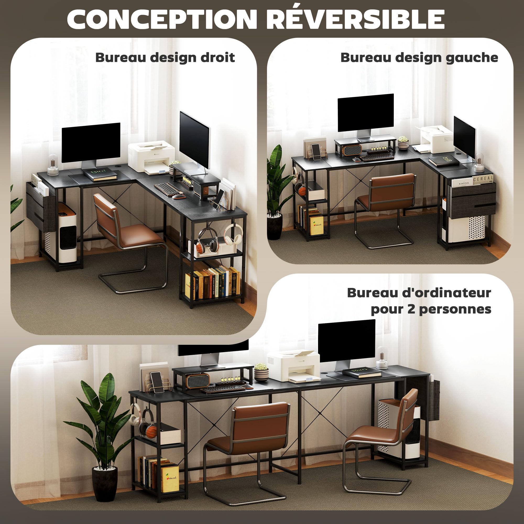 HOMCOM Escritorio en L Reversible 168cm, Estante Ajustable 240cm, Negro