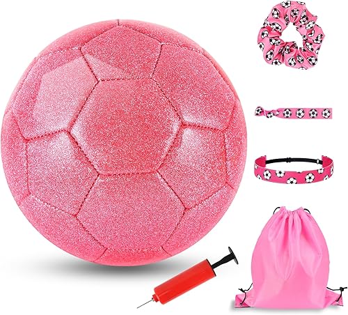 DLUGOPIS Juego de balón de fútbol rosa tamaño 4 para niños, pelota de fútbol para niños, pelota de fútbol juvenil con accesorios de fútbol, bolsa de