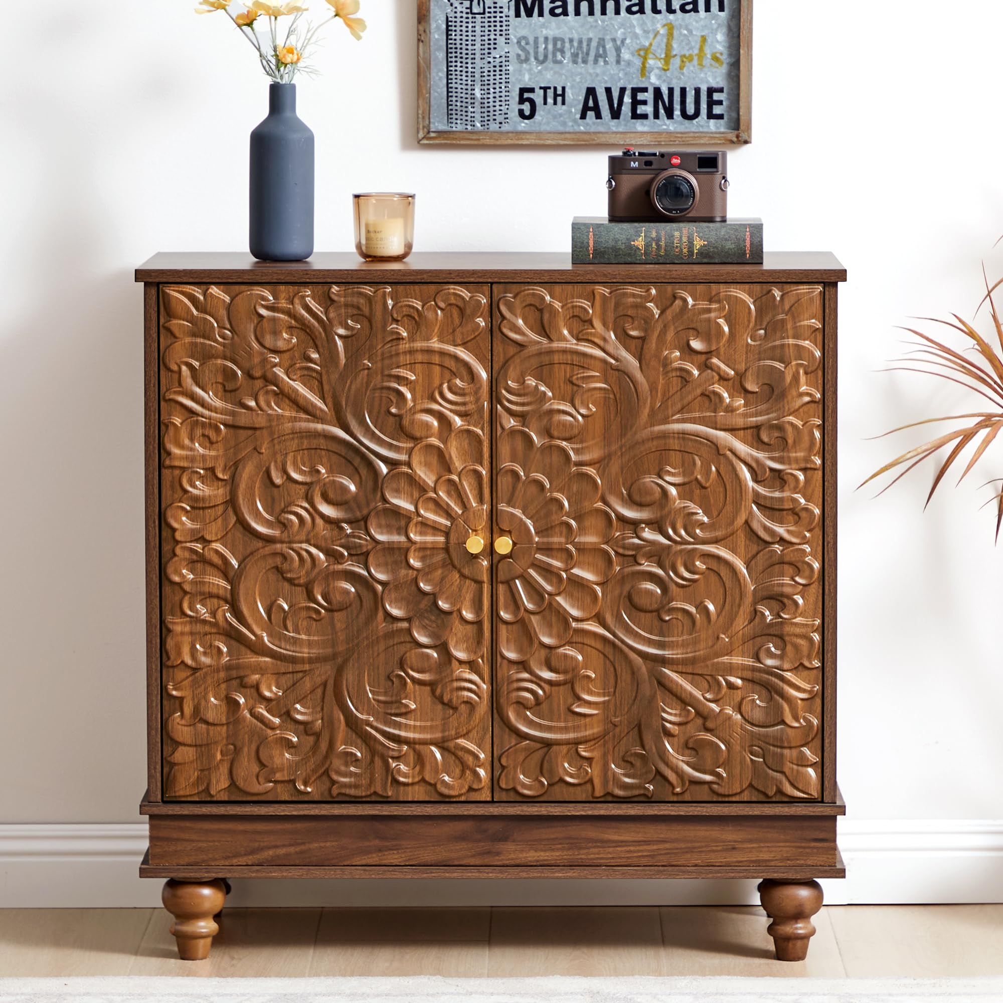 31" Accent Storage Cabinet, Floral Embossed 2 Door Sideboard (Walnut)