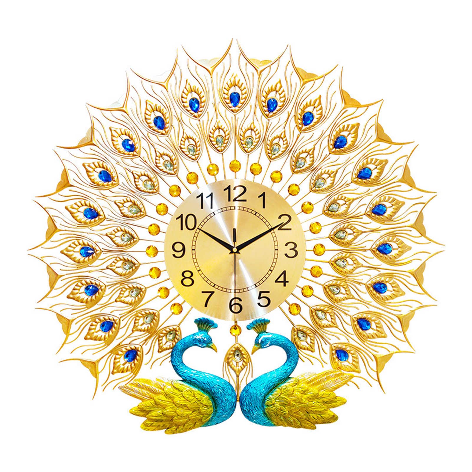 Metal Wall Art Clock, Gold Peacock Metal Wall Art Clock - Large 3D Quartz Crystal Diamond Decor, Perfect Home Décor for Living Room Hotel Decoration