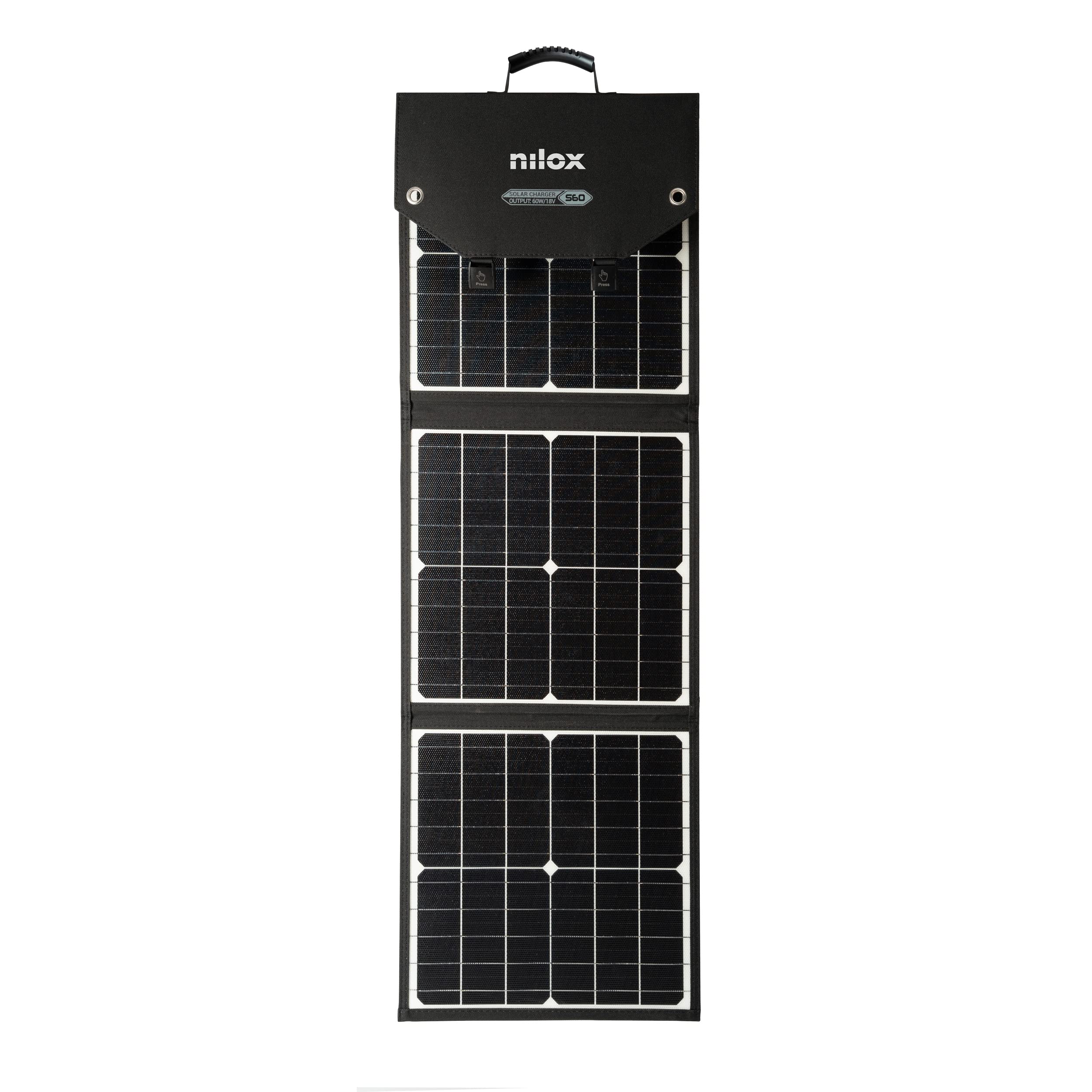 Nilox, Panele słoneczne S60, monokrystaliczny panel fotowoltaiczny o mocy 60 W do wycieczek i użytku domowego, ładowania urządzeń 5V, stacji zasilania i urządzeń gospodarstwa domowego, jeśli jest