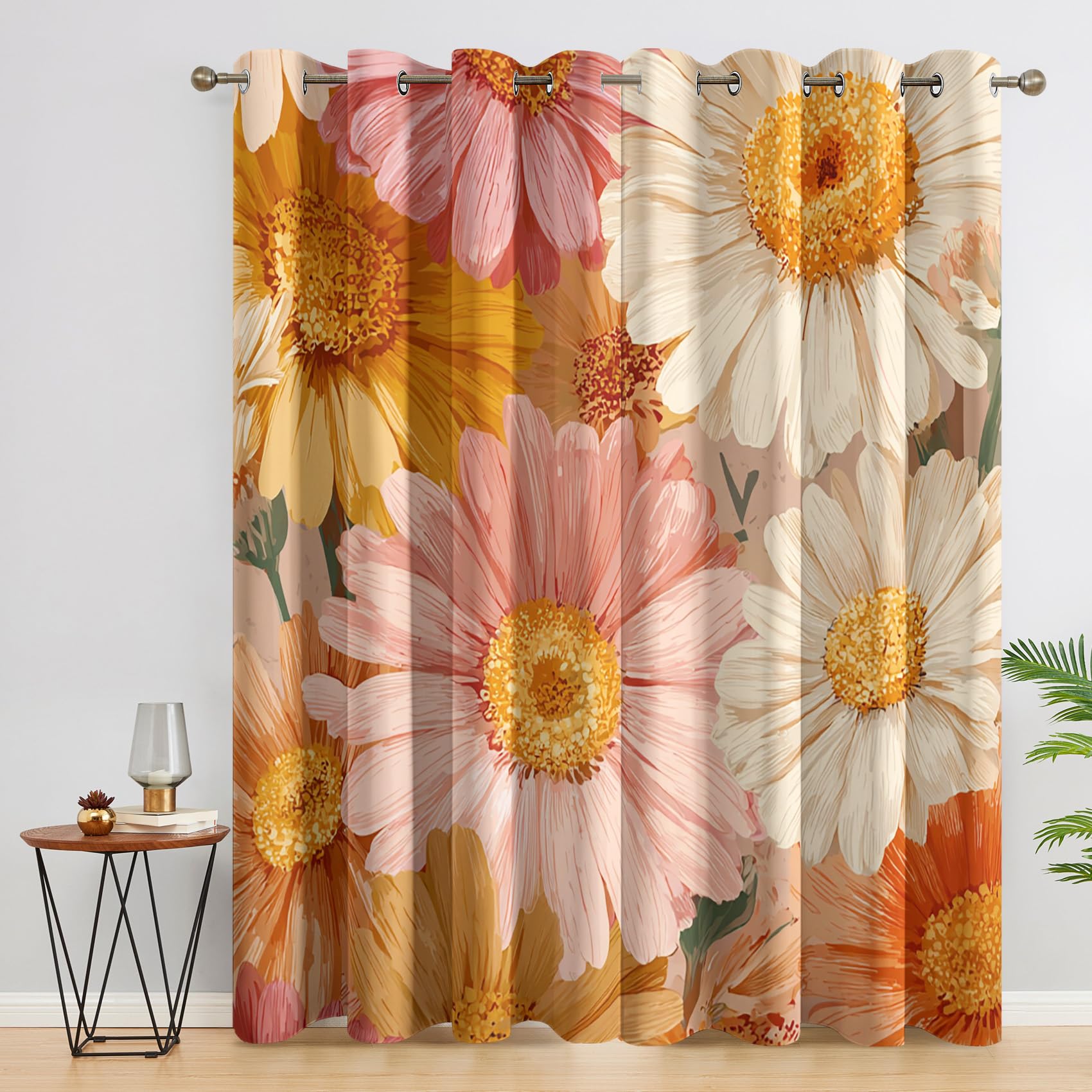 Générique Rideau Occultant Imprimé Fleurs Marguerite, Rideaux à Oeillets Thermique pour Chambre Salon, Motif Rétro Année 70, L 140 x H 220, 2 Pièces, Decoration Maison - D585