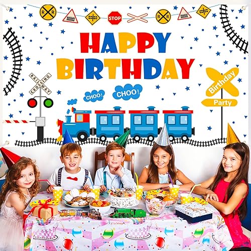 Miniatura 3 de Cartel de feliz cumpleaños con tema de tren – Suministros para fiesta de cumpleaños para niños y niñas – Cartel de fiesta temática de tren de tren –