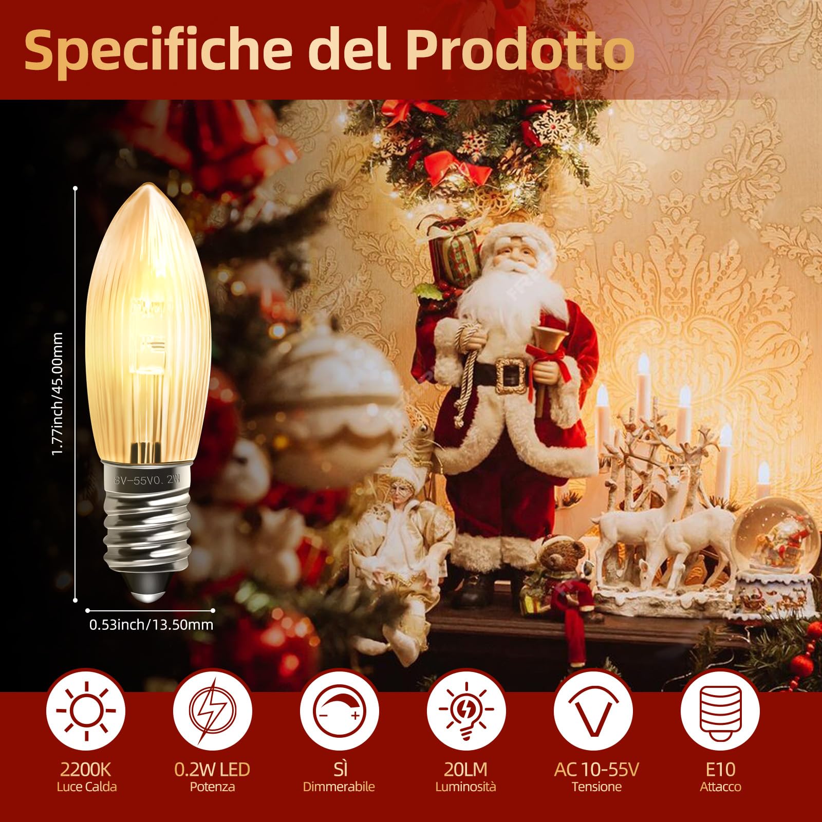 Akynite 10 Lampadine LED E10 A Candelabro | Luce Calda 2200K Dimmerabile | Ricambio Per Catene Luminose E Albero Di Natale