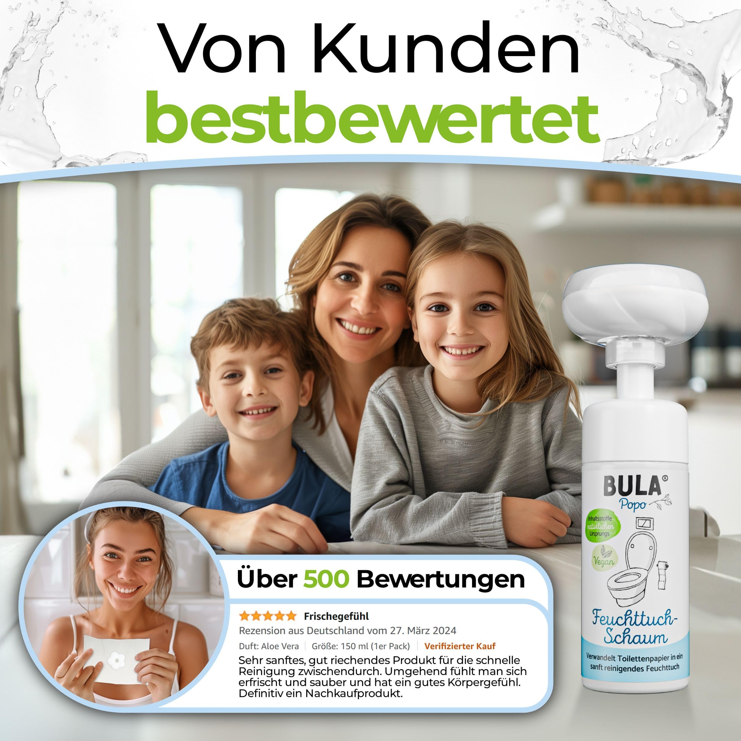 BULA® Popo Home Bundle | Feuchttuch-Schaum 150ml Flasche + Blumen-Schaumpumpe inkl. Edelstahl Halter | Popo Schaum als nachhaltige Alternative für (Baby u. Toiletten-) Feuchttücher | BULA Starterset