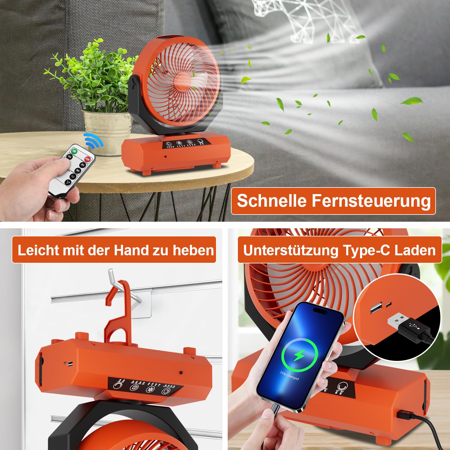 Ventilatore da campeggio con gancio e lanterna a LED, portatile, 20000 mAh, 2 in 1, orientabile a 270°, 3 velocità, ventilatore USB per campeggio, picnic, ufficio, camera da letto (arancione)