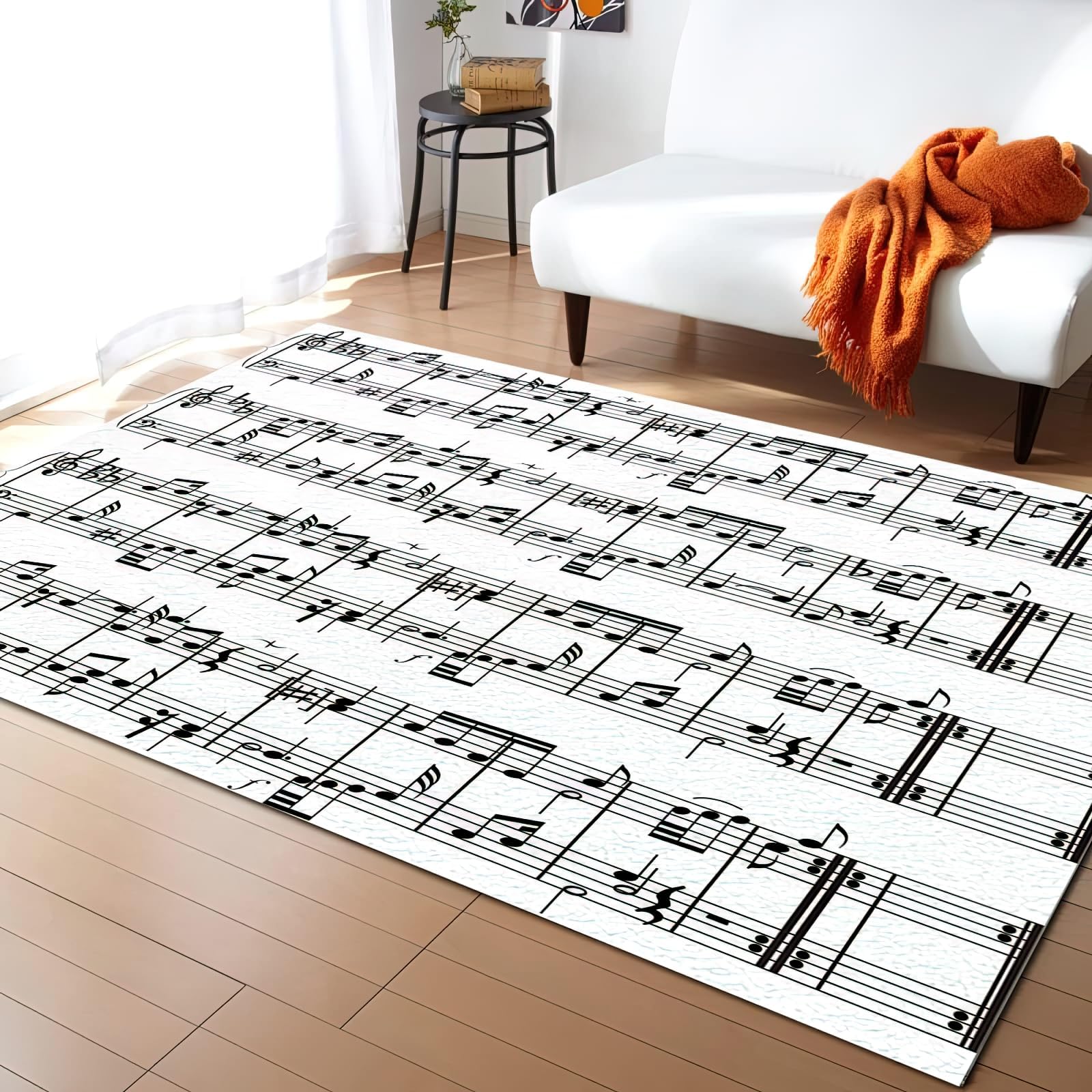 Alfombra de notas musicales en blanco y negro, alfombra suave con partitura de piano para sala de estar, dormitorio, comedor, oficina en casa, alfombras suaves, 140 x 200 cm