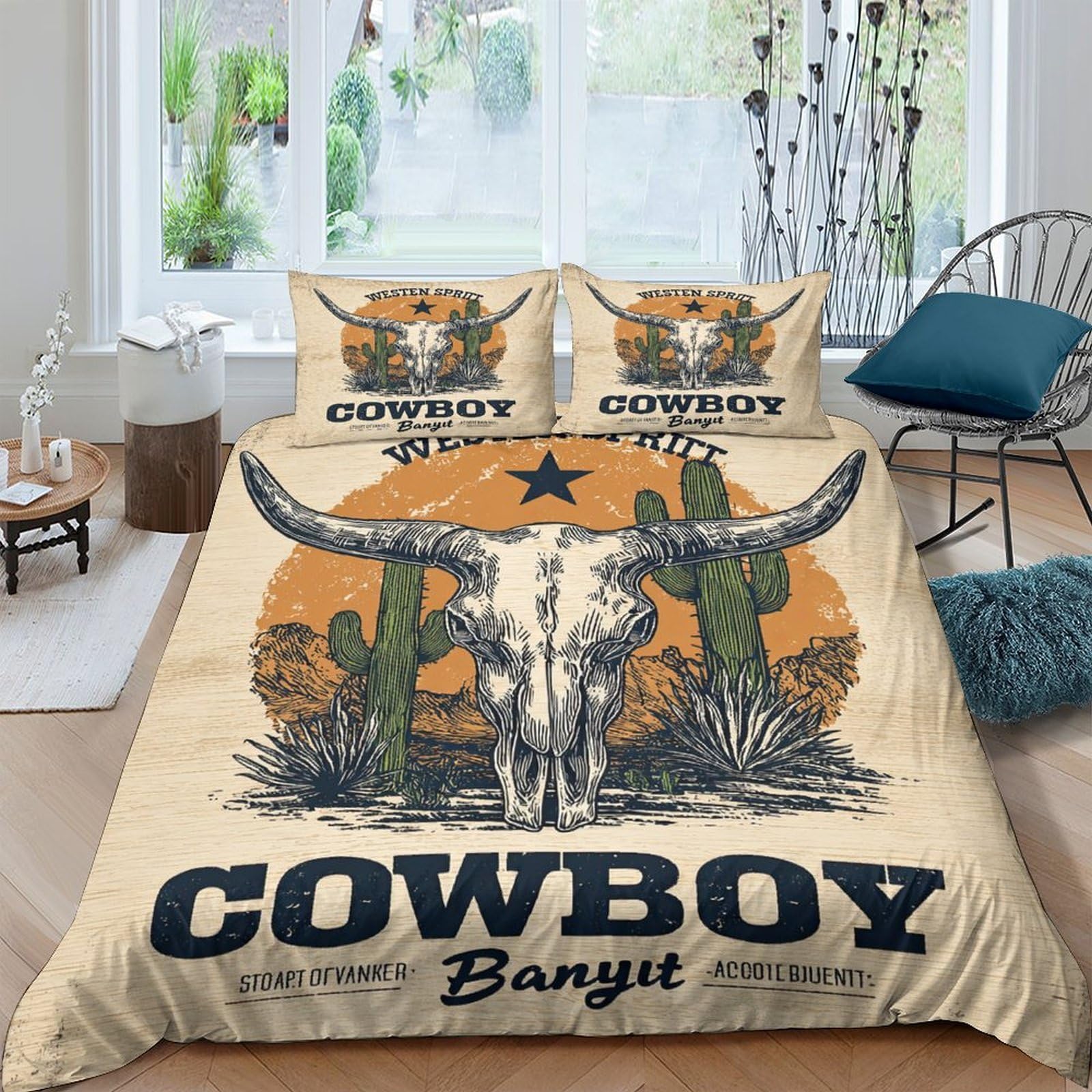 Ctjqhvkz Style-5 3D Printed Western Cowboy Skull Fitted Sheet Microfiber Soft Breathable Cactus Sunset Bed Cover For Bedroom Guest Room Decor Single（135X200cm）