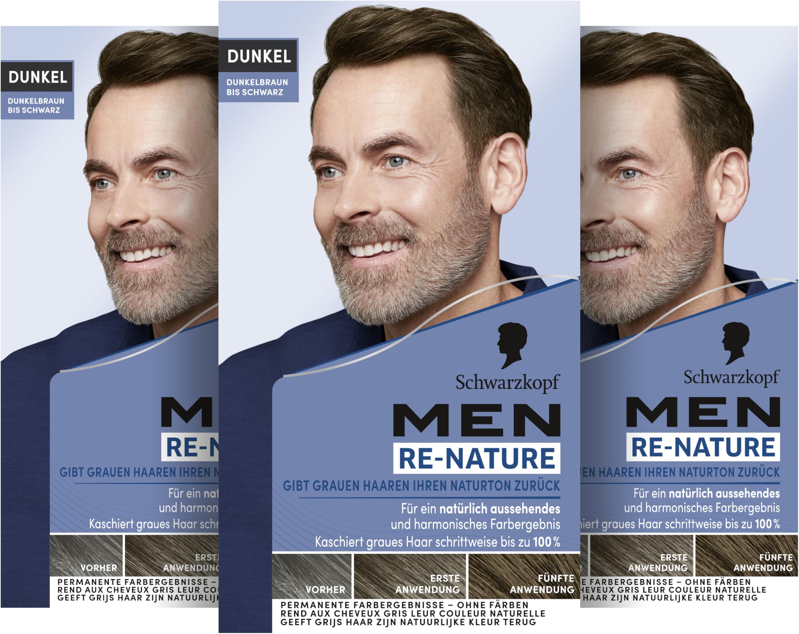 Men Perfect Re-Nature - Crema de pigmentación para hombre de color marrón oscuro a negro (3 x 145 ml), restaura el color natural del cabello sin teñir y oculta suavemente el pelo gris
