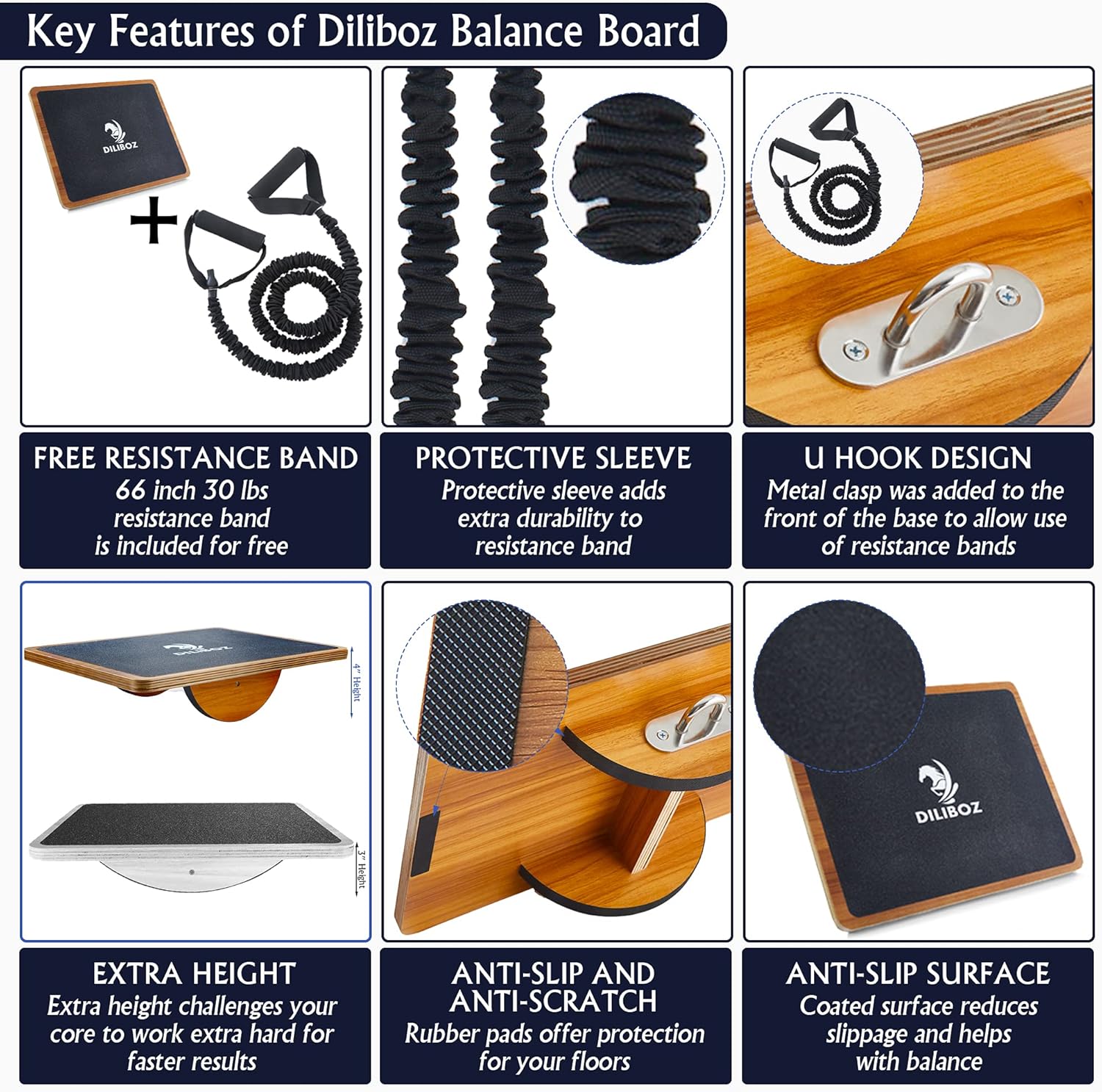 Diliboz Wooden XL Size Balance Board for Standing Desk, Wobble Board for Physical Therapy, Rocker Board for Exercise and Resistance Band for Pilates, Use as Slant Board and Calf Stretcher Plank Board : Sports & Outdoors
