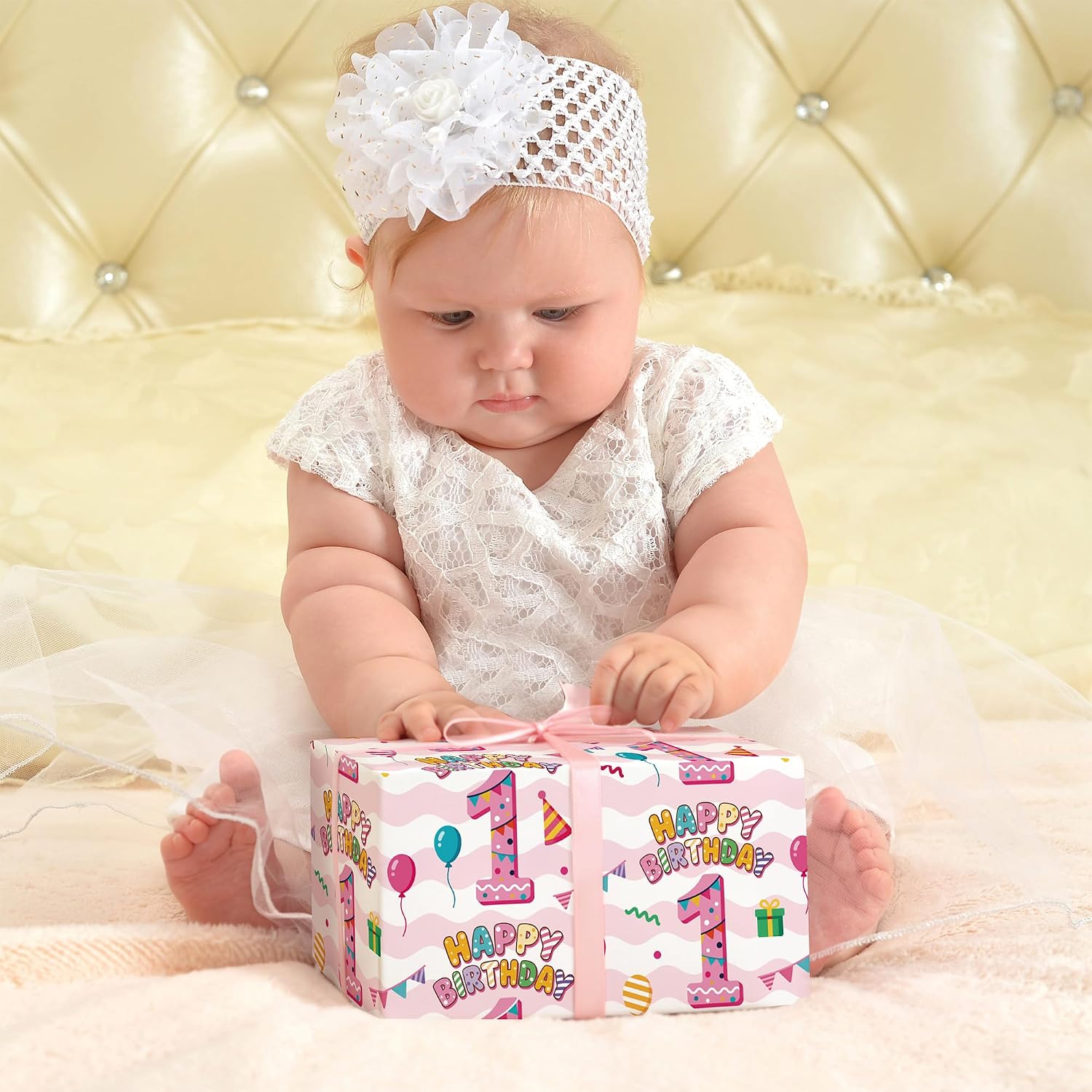 WRAPLULU Pink 1st Birthday Wrapping Paper for Girls– 4 Jumbo Sheets, 28 x 40 Inches – Baby Gift Wrap with HAPPY BIRTHDAY & 1", Perfect for Baby Girls First Birthday, Baby Shower or Toddler