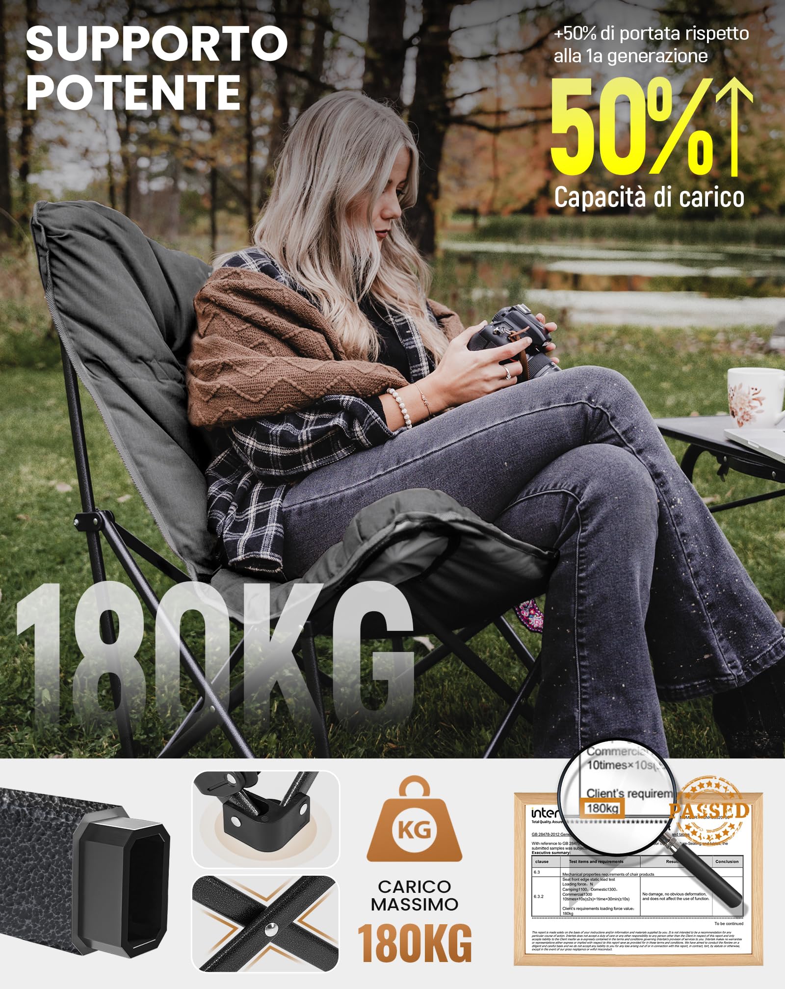 KingCamp Sedia Pieghevole Ergonomica - Ultra Comoda, Sedile Imbottito Staccabile, Sedia da Campeggio Pieghevole Portatile di Lusso Comodo, Sedia da Giardino, Sedia da Pesca Adulti, Carico 136 kg
