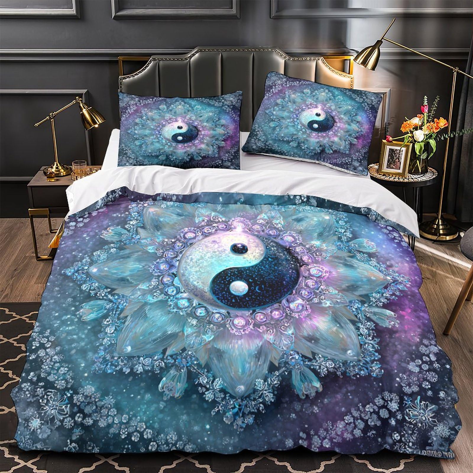 Yinyang Symbol 3-teiliges Reines Polyester Kosmischer Kunststil Bettbezug, Versteckter Reißverschluss, Krippenbettwäsche, Babysicher & Pflegeleicht King（220x240cm）