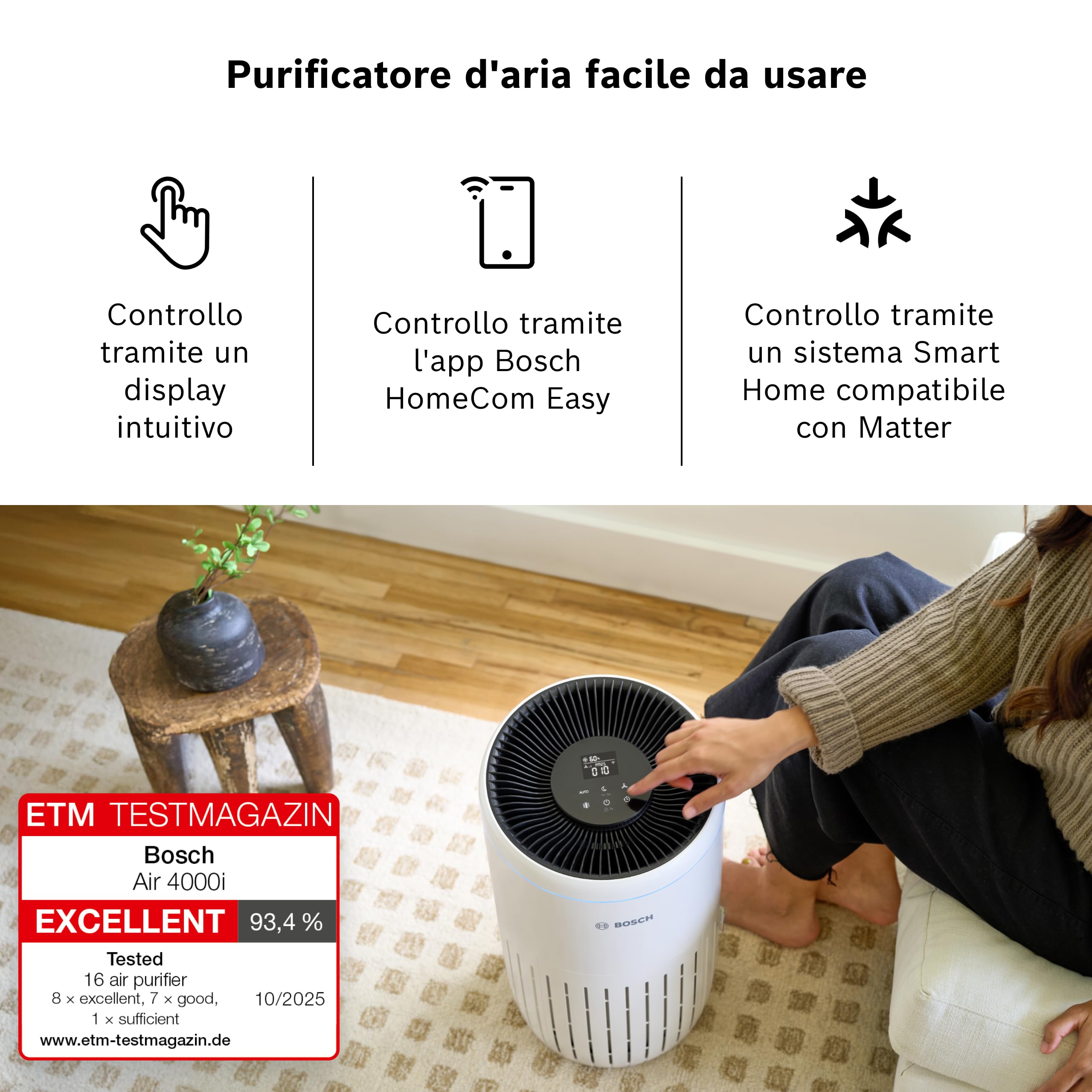 Bosch Air 4000i - Purificatore d'aria intelligente - Copre 62,5 m² - Filtra efficacemente oltre il 99% degli inquinanti - Modalità Auto/Sleep (< 25 dB(A)) - CADR: 300 m³/h - Connettività display e app