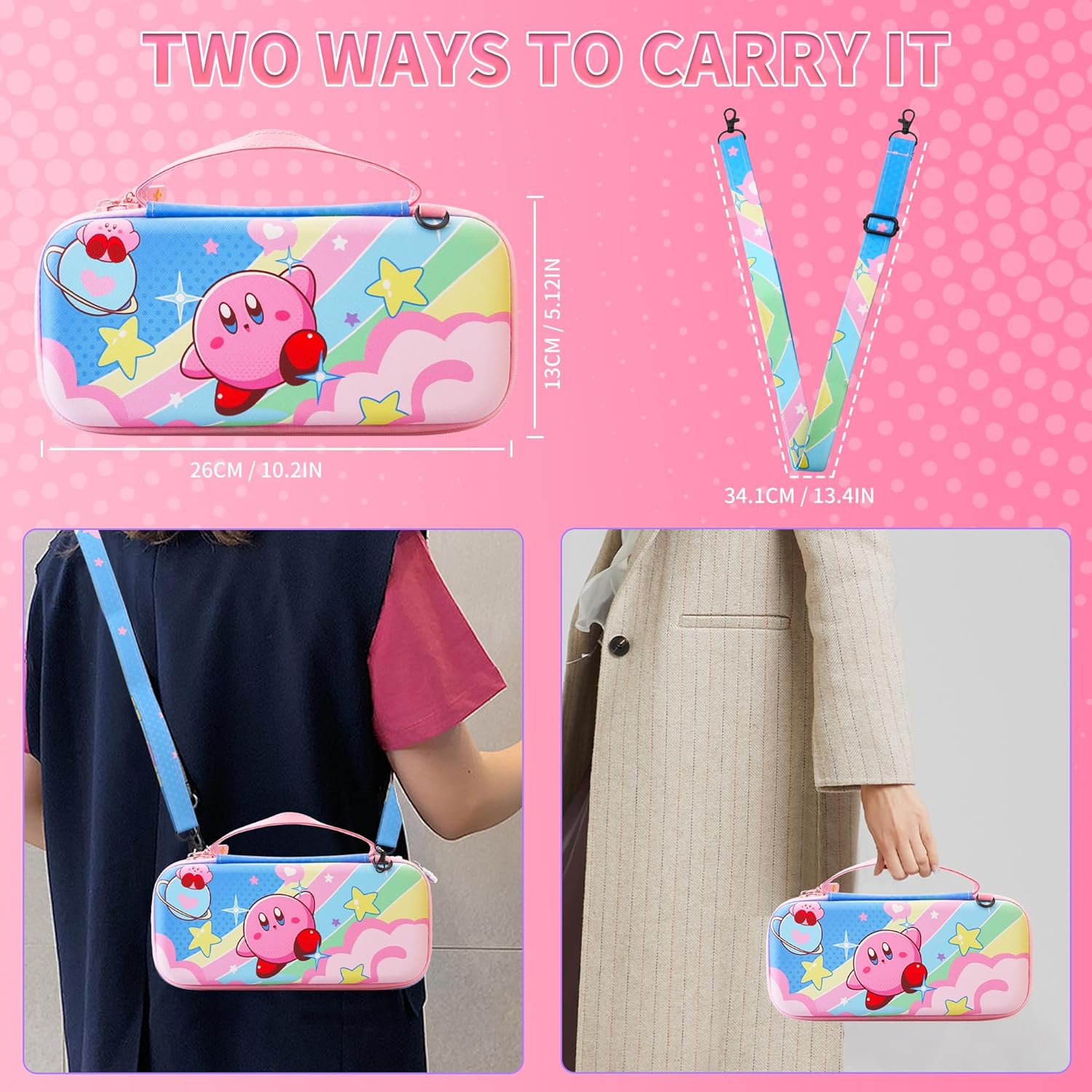 HYPERCASE Cute Anime Switch OLED Carrying Case Set, with Portable Travel Storage Bag of Pink Lining, Hardshell Protective Cover Skin, HD Screen Protector, Shoulder Strap & 2 kawaii Thumb Caps - Image 7