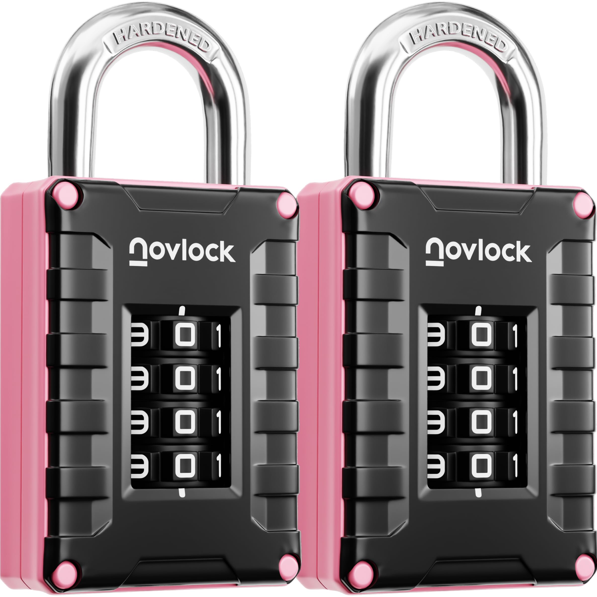 Novlock Black/Pink Locker Padlocks With 4-Digit Code For Gym, School, Home, Work – Sturdy Combination Locks With Hardened Steel Shackle – 2-Pack,