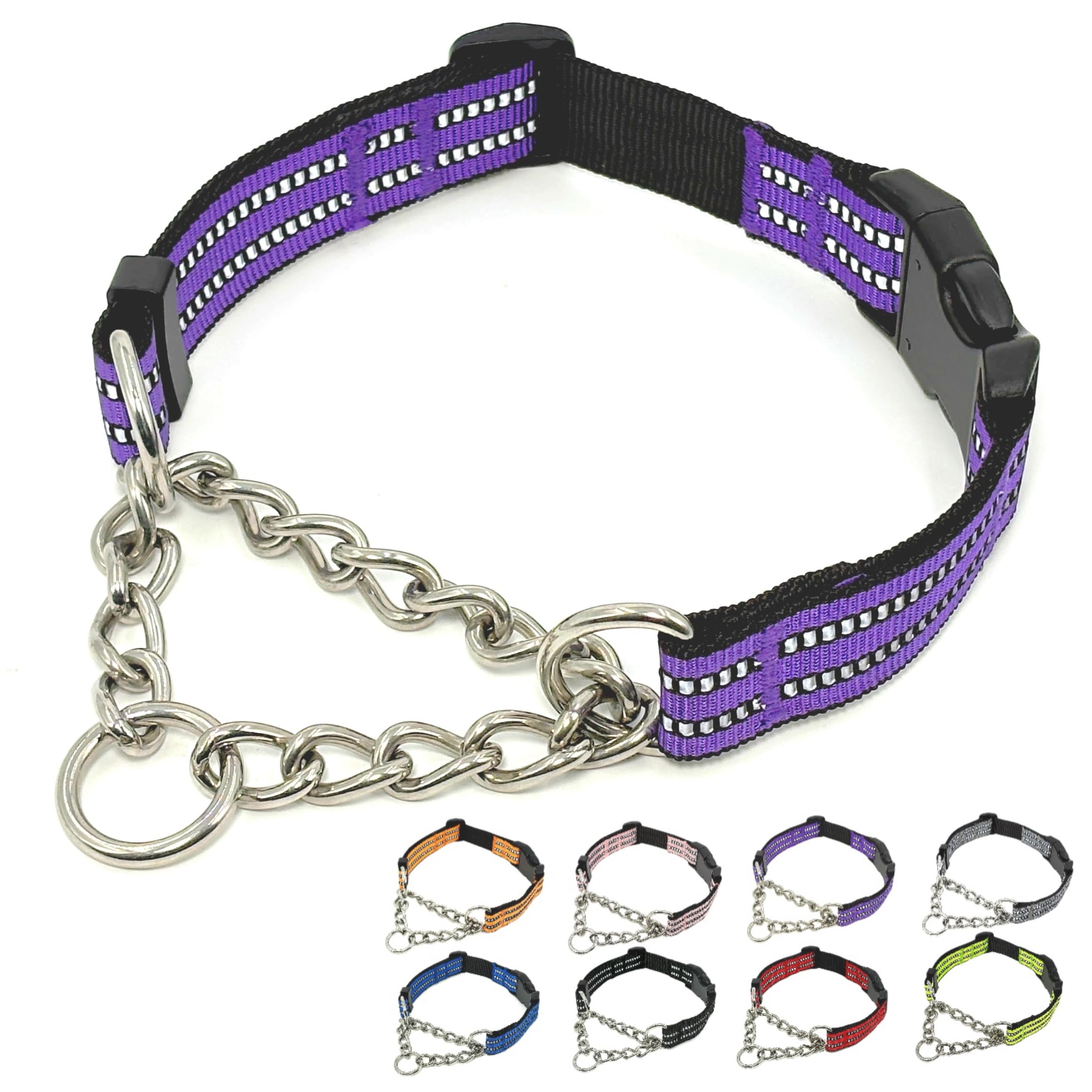 Martingale Dog Collars, Reflective Nylon Collar with Stainless Steel Chain, Adjustable Walking Training Dog Collars with Quick Release Buckle,