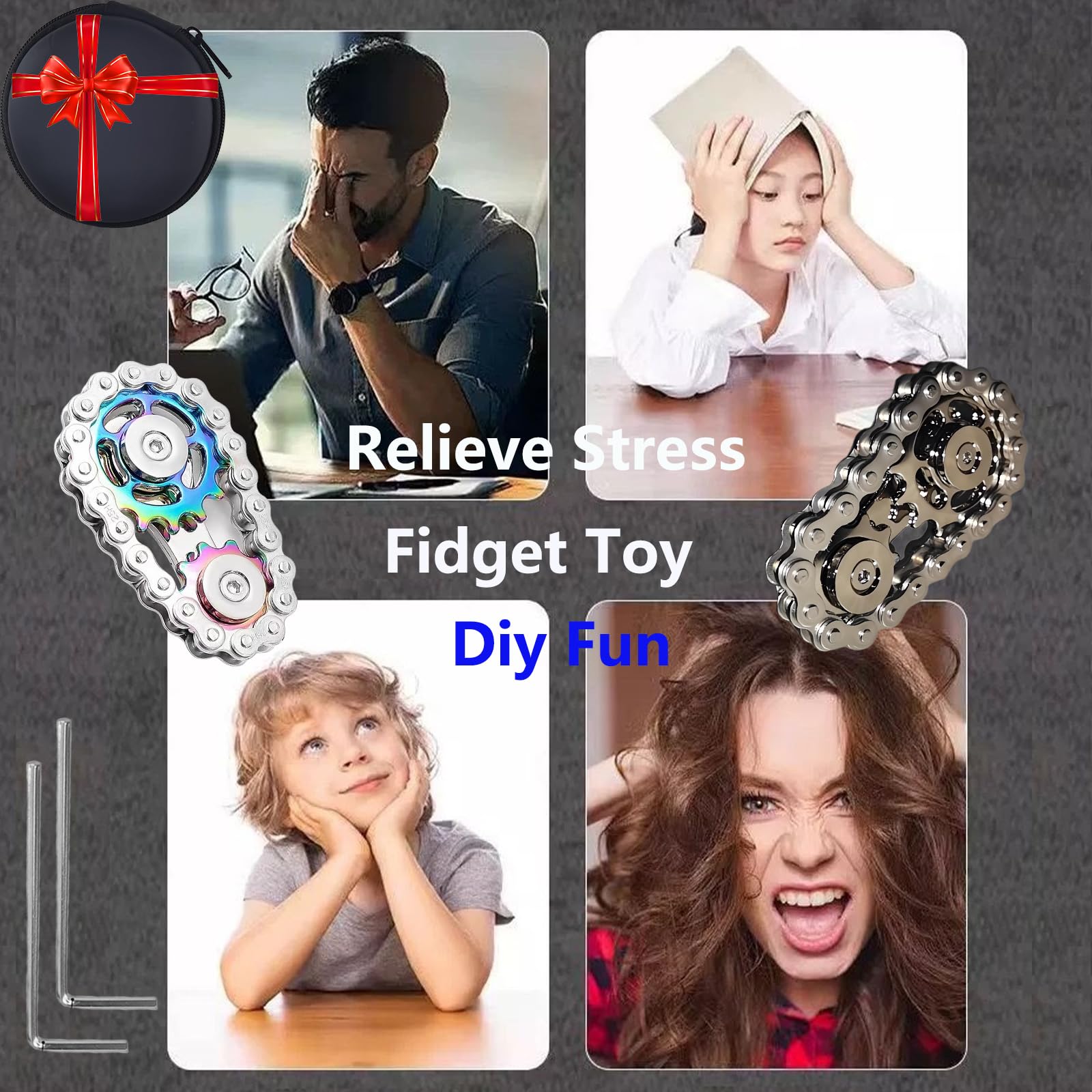 ?2PCS?Fidget Spinners Toys for Adults & Teens - Metal Fidget Toy Bike Chain Fidget Sprocket Chain Fidgets Toy for Relief Anxiety ADHD Autism Cool Gadgets Desk Offices Gift Sensory Toy?Silver+Rainbow?
