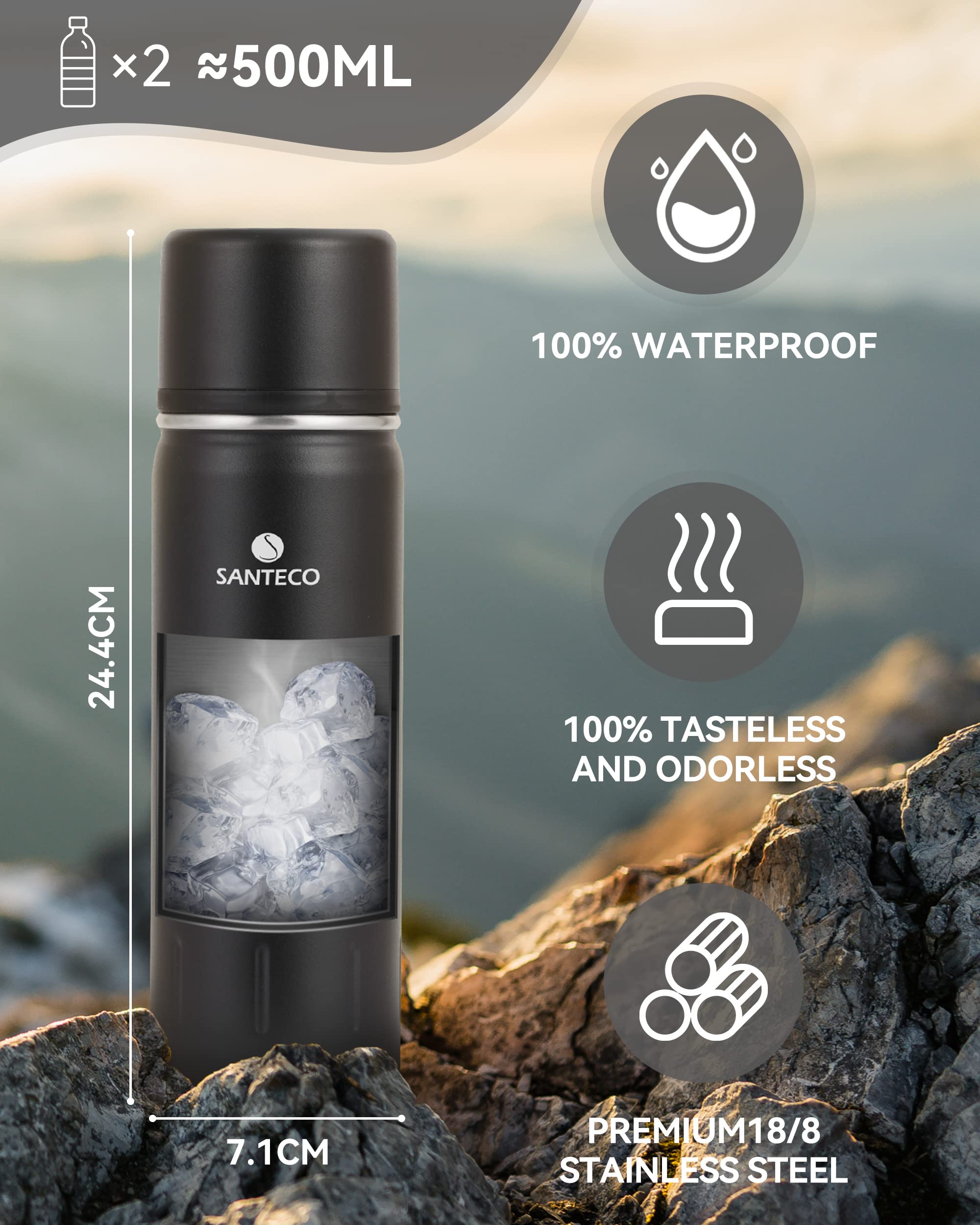 SANTECO Borraccia Termica, Termos Caffè in Acciaio Inox Doppia Mantiene le bevande fredde per 24 ore e calde per 12 ore, Bottiglia thermos a prova di perdite, senza BPA(Nero, 500ML)