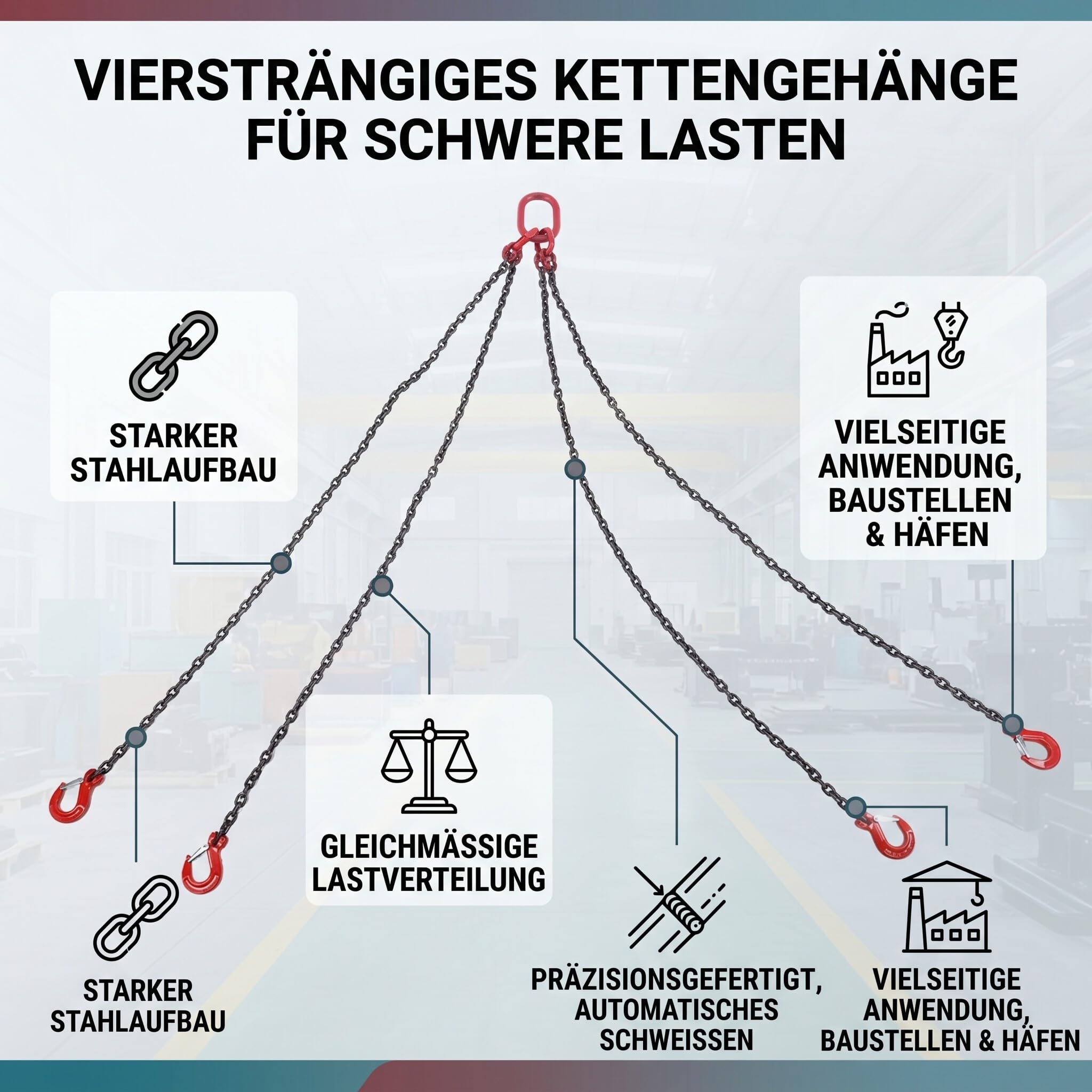 Manganstahl Anschlagkette 4 Strang, 1.5M, 3T Tragkraft, Hohe Festigkeit Kettengehänge zum Heben