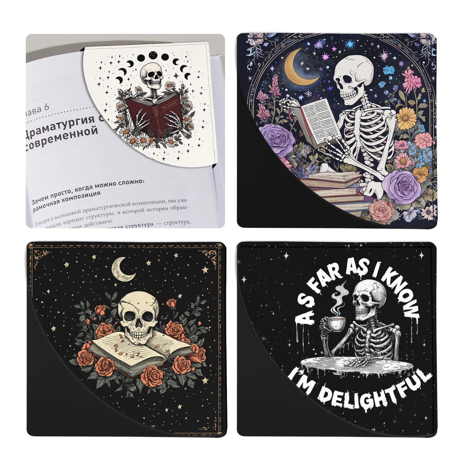 bolimoss Skeleton Book Marks for Reading Women, 4 Pcs Funny Leather Book Accessories for Book Lovers, Skull Corner Bookmarks, for Women Men Student Teacher Retirement Birthday Gifts